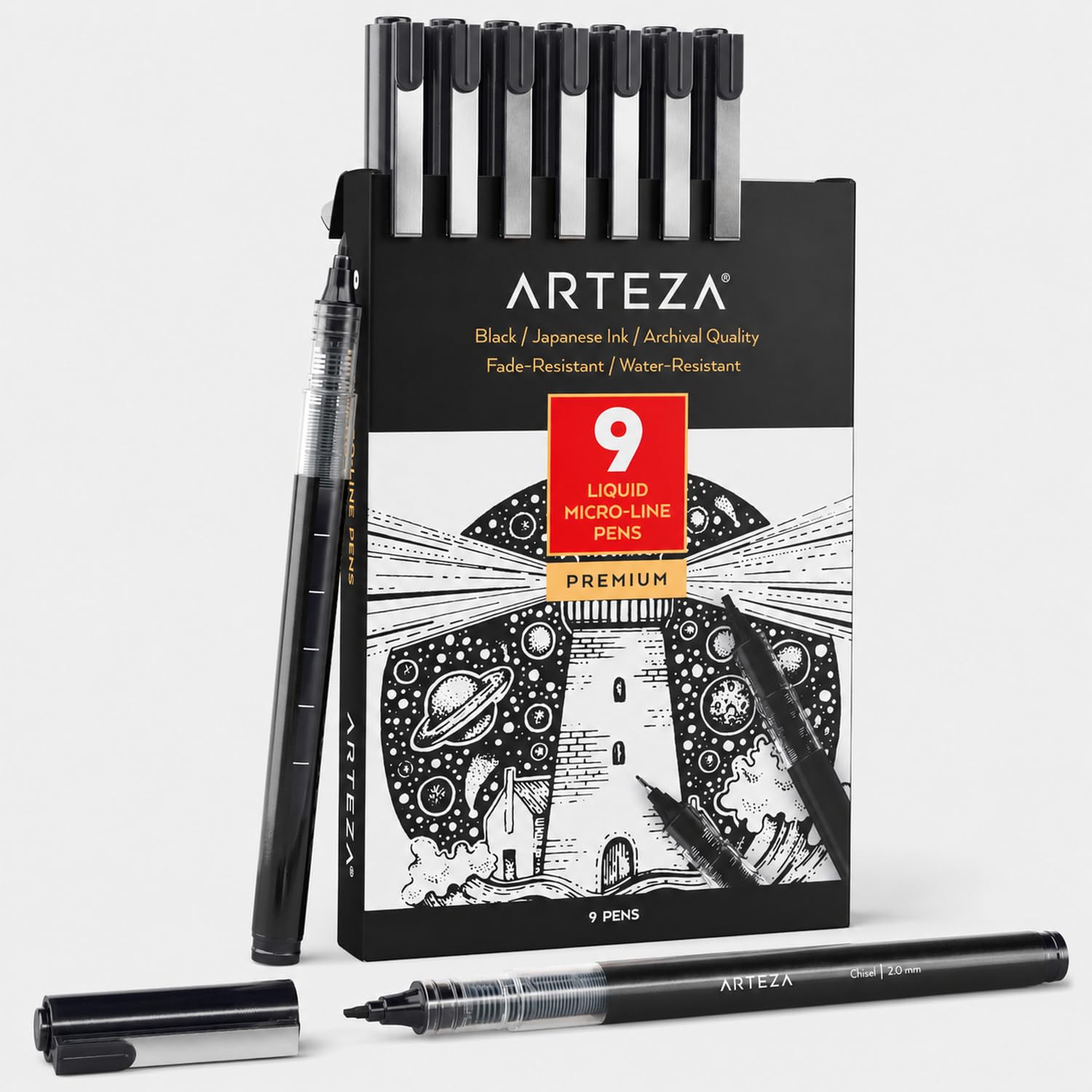 ARTEZA Micro-Line Ink Pens, 9er Set, schwarze Fineliner mit japanischer Archivtinte, Kunstbedarf für Comic-Künstler und Illustratoren