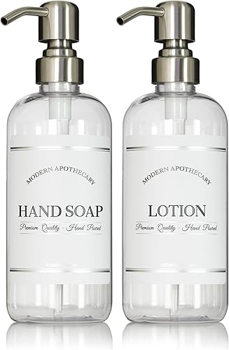 Juego de dispensador de jabón de manos y loción para fregadero de baño, botellas de plástico PET con etiquetas para jabón y loción, etiquetas