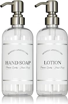 Clear Refillable Hand Soap and Lotion Dispenser Set for Bathroom Sink - PET Plastic Pump Bottles with Labels for Soap and Lotion - Waterproof Labels - 16 oz, 2 Pack Stainless Steel