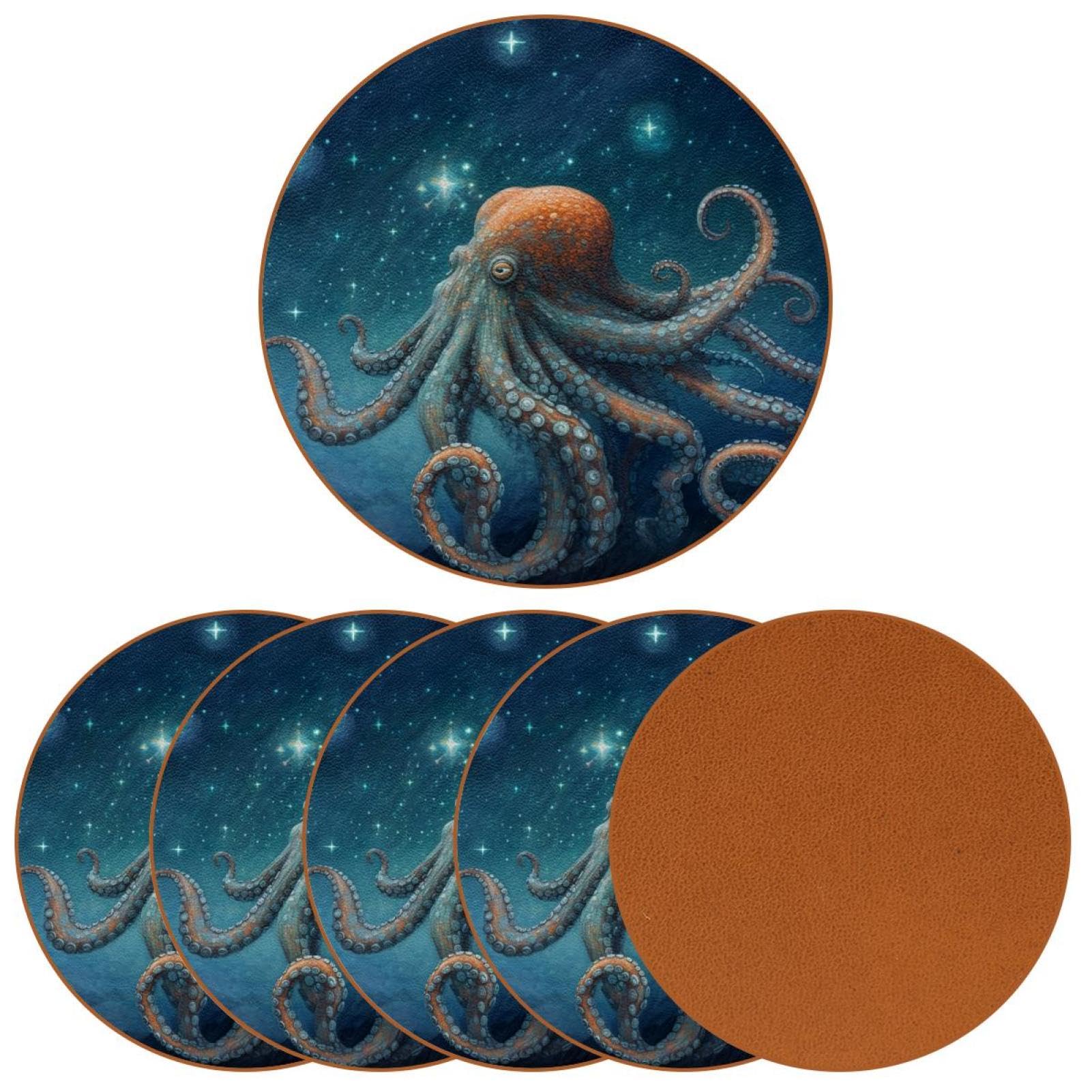 Cartoon-Galaxie-Oktopus-Untersetzer für Getränke, 6 Stück, Tisch-Schutzmatte für Weingläser, Tassen und Tassen, wiederverwendbar im Büro, Küche, Bar, 10,9 cm