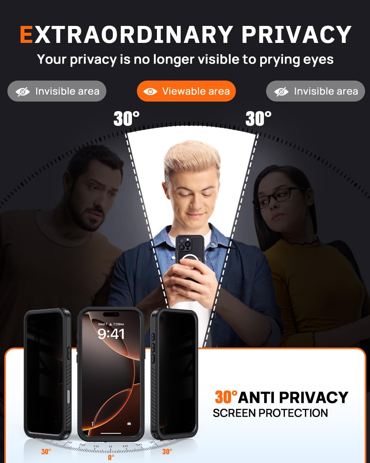 Lanhiem for iPhone 16 Pro Max Privacy Case, IP68 Waterproof Dustproof, [Compatible with MagSafe] [Built in Anti-Spy Screen Protector] Heavy Duty Full Body Rugged Magnetic Phone Case (Black/Clear) - Image 3