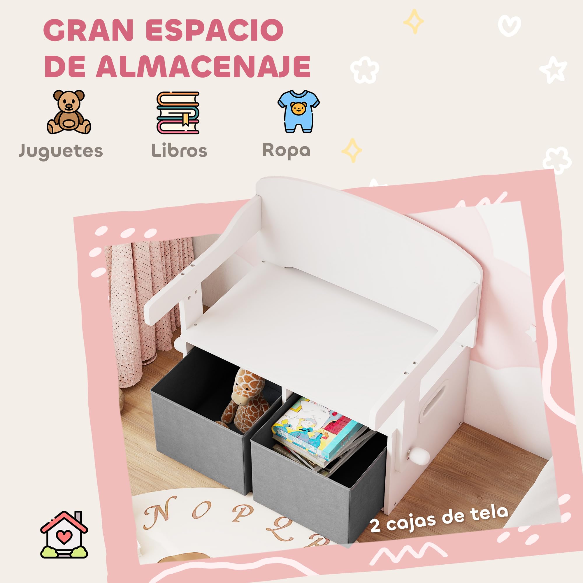 AIYAPLAY Banco Infantil Convertible 3 en 1 Baúl con Mesa 3-6 Años Blanco | Juego de Mesa y Silla, Cubos de Tela Extraíbles, Banco de Almacenaje, Mueble Multifuncional