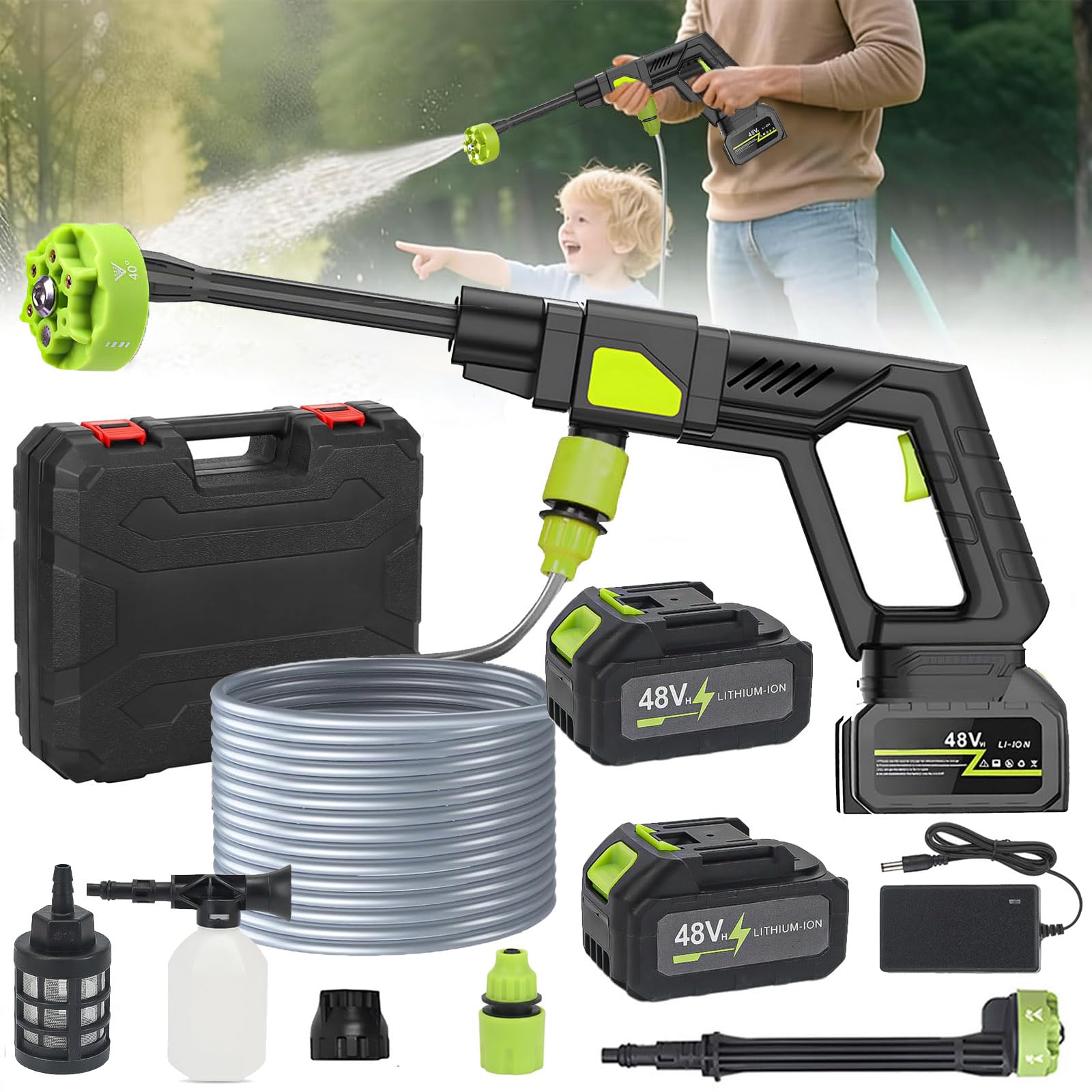 Cordless Pressure Washer, High-Pressure Pressure Spray Water Gun for Car, Garden, 48V Electric Cordless Washer Cleaner with 2 Batteries, Portable Water Gun Machine for Car, Fence, Floor Cleaning