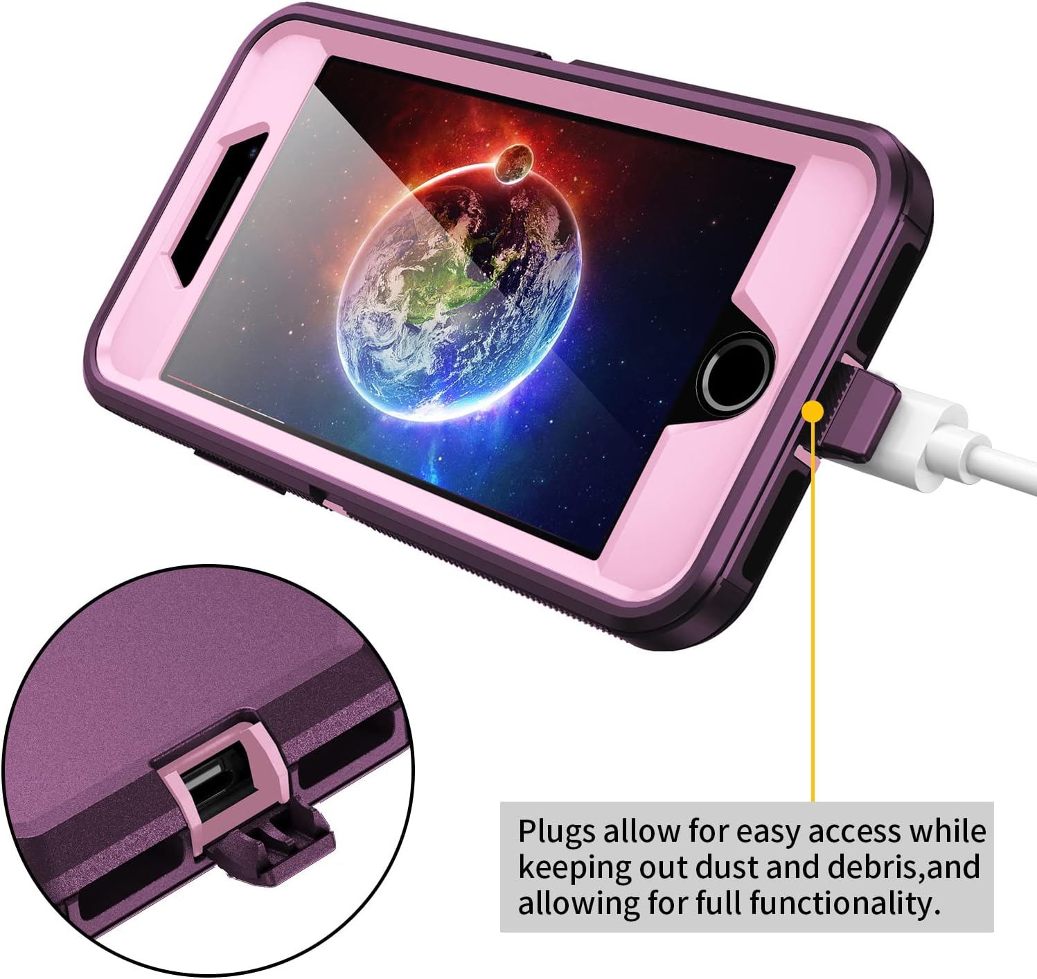 RegSun for iPhone SE 2020 Case,Built-in Screen Protector,Shockproof 3-Layer Full Body Protection Rugged Heavy Duty High Impact Hard Cover Case for iPhone SE 2nd Gen 4.7-inch,Deep Purple/Pink