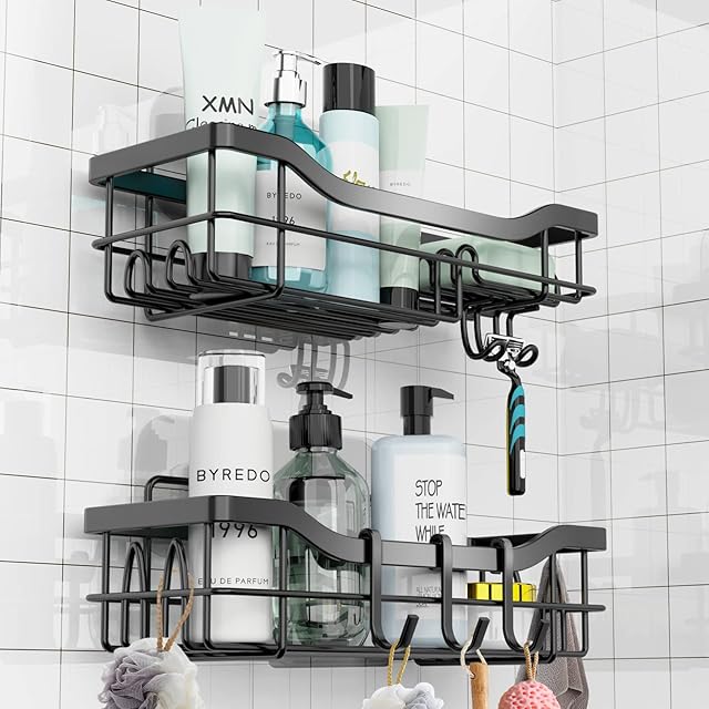 WARMTUYO Shower Caddy with 11 Hooks, Shower Storage with Razor Holder Soap Dish Towel Hook, Adhesive No Drilling Wall Mounted Shower Shelf for Bathroom Storage Kitchen Rack Stainless Steel, 2 Pack