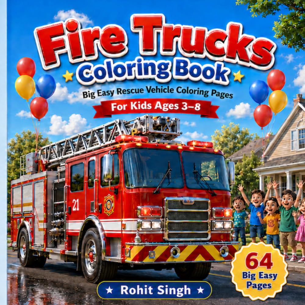 Fire Trucks Coloring Book: Big Easy Rescue Vehicle Coloring Pages for Kids Ages 3-8