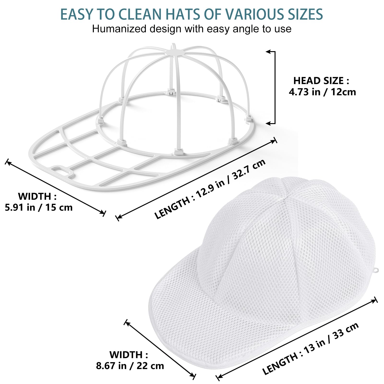 Eiito Rondella per cappelli per lavatrice, pulitore per cappelli da baseball con gabbia per telaio e borsa a rete (1 confezione bianca)