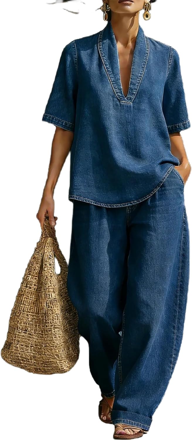 Denim Set for Women 2 Piece Short Sleeve V Neck Loose Top and Wide Leg Pants Set Casual