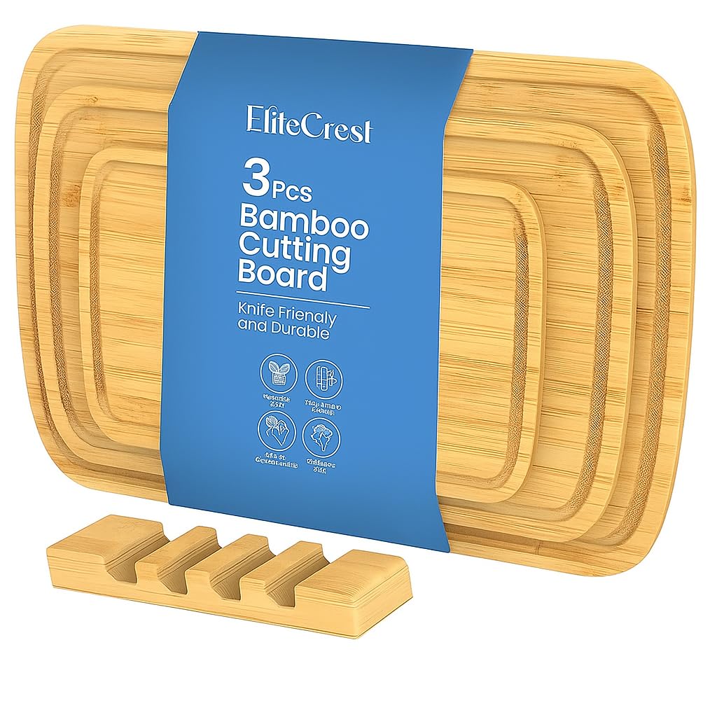 3-Piece Premium Bamboo Cutting Board Set with Stand – Durable Wooden Chopping Boards for Meat, Vegetables, Fruits, Cheese, Bread, Kitchen Prep and Serving Tray Set – Eco-Friendly Natural Bamboo Boards
