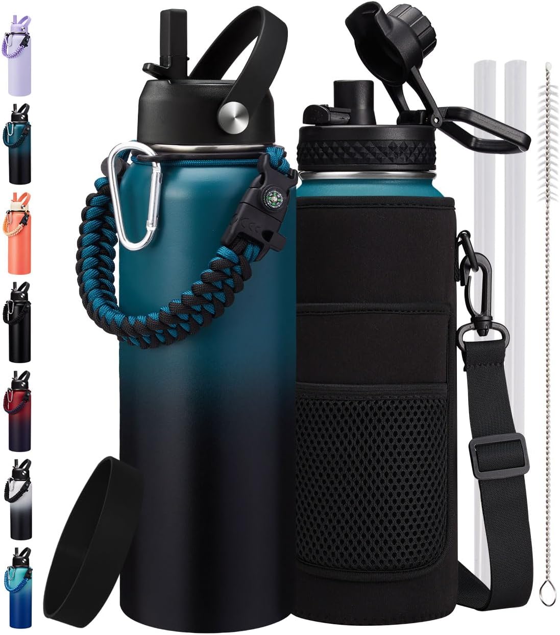 32/40/64/128 oz Insulated Water Bottle 40 oz, (Cold for 48H), Leak Proof Food-Grade Stainless Steel Water Jug With Auto Spout and Straw Lid, Portable Paracord Handle & Carrier Bag for Men Women Gym