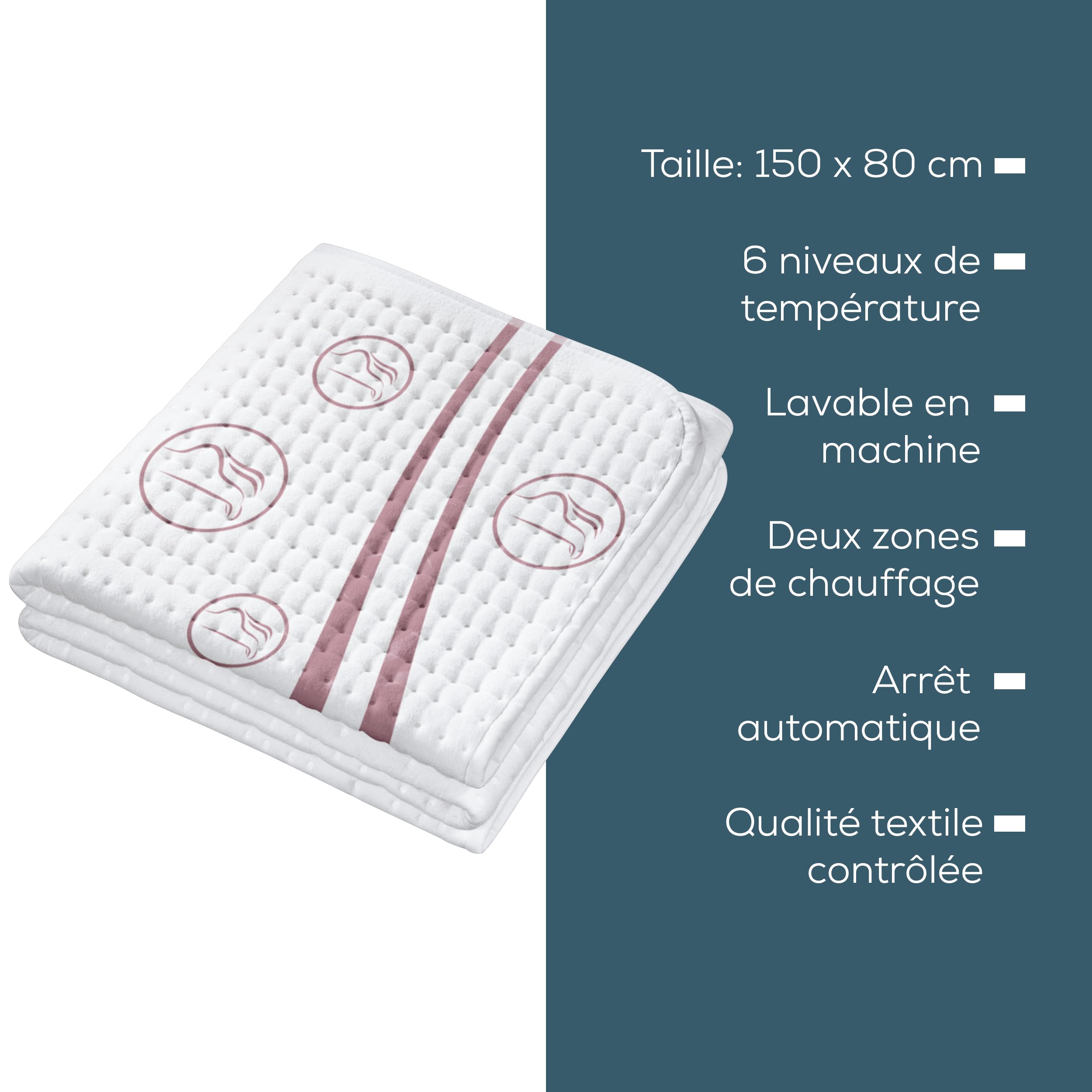 Beurer UB 90 Surmatelas chauffant confort, 150 x 80 cm, matelas chauffant souple avec 2 zones de température, 9 niveaux de température, avec retour automatique et Eco-Control, lavable en machine