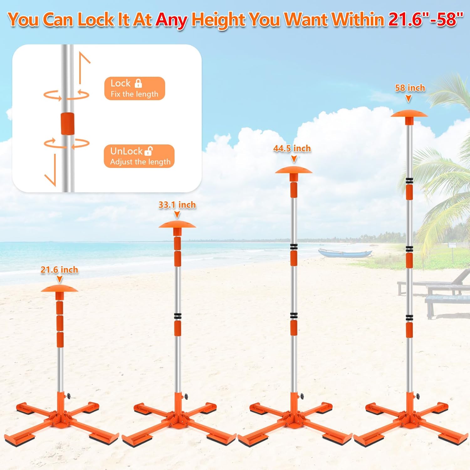 Boat Cover Support Poles System, Adjustable Aluminum Boat Cover Poles 16"-59", Support System 4-Stage Extension with Heavy Duty Metal Base (Orange 2 Set)