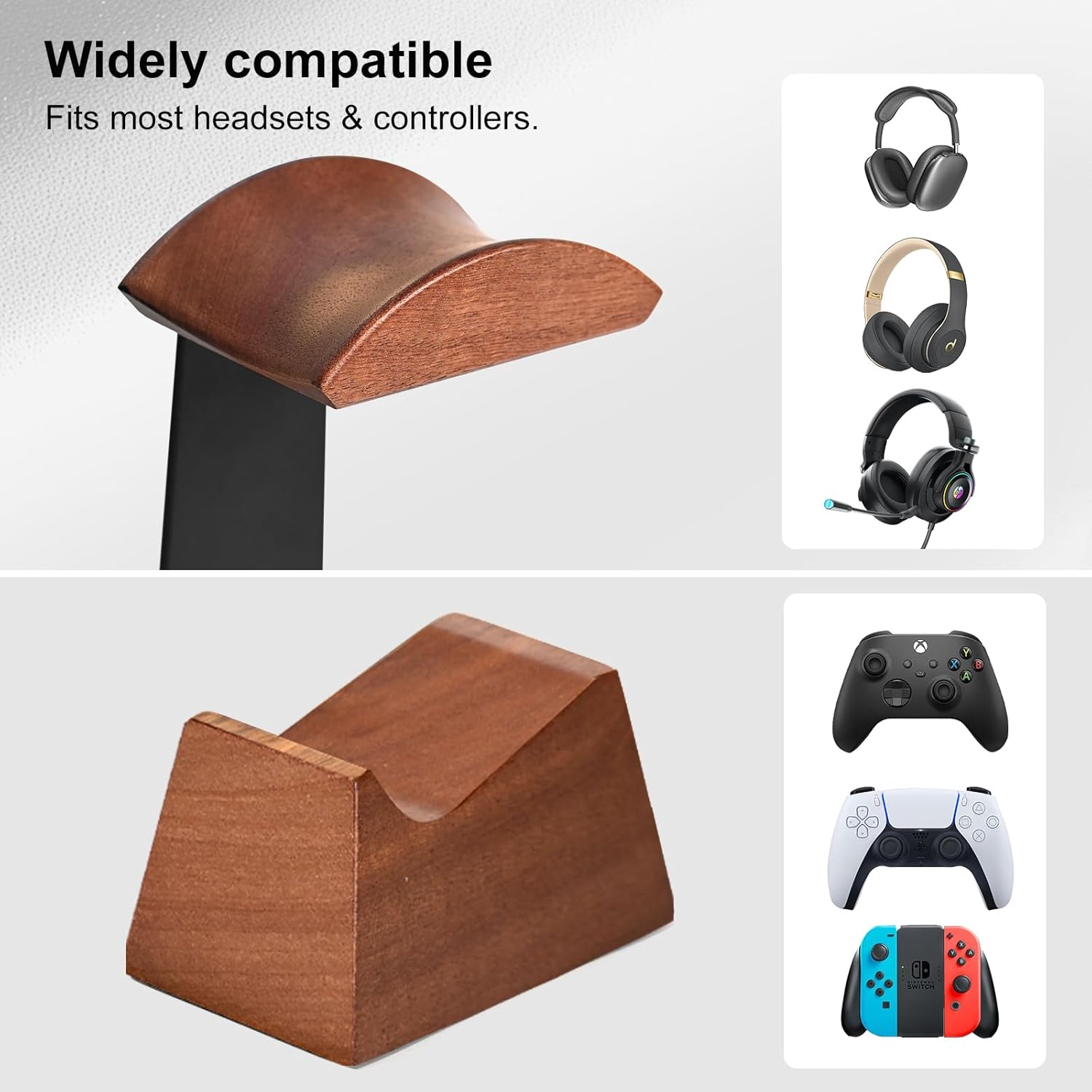 UPERGO Headset Stand with 2 Controller Holders - Solid Wood & Metal Gaming Headphone Holder for Switch, Controllers, and Desk Accessories (Wood)