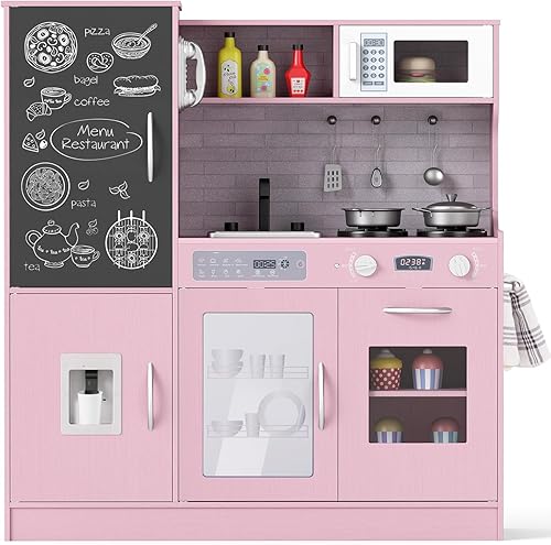 Miniatura 8 de Costzon Juego de cocina para niños, juego de cocina grande de madera con sonidos y luces reales, microondas, pizarra, horno, máquina de hielo,