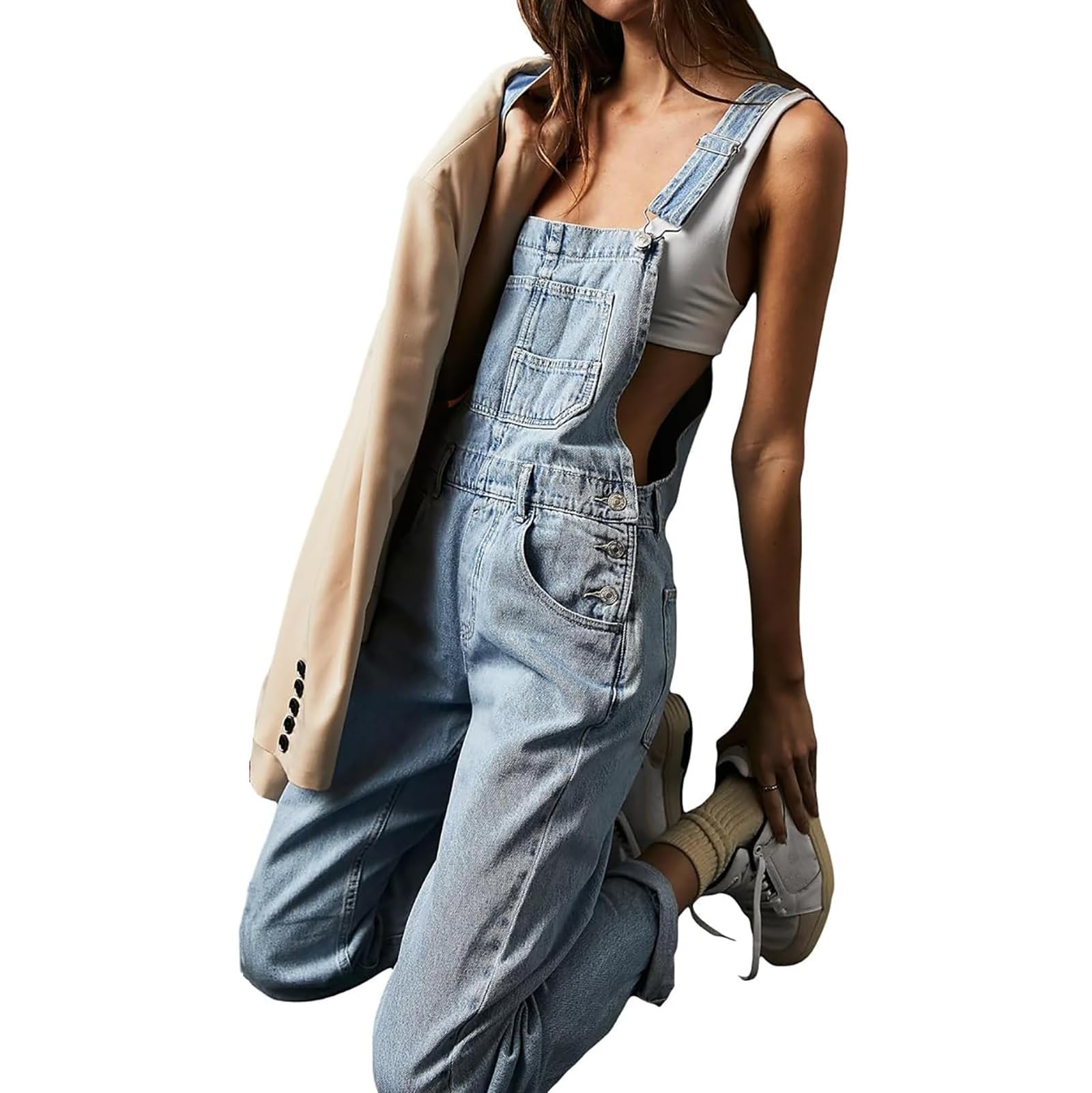 Damskie Jeansowe Ogrodniczki Wiosna Lato Baggy Proste Długie Dżinsy Ogrodniczki Casual Denim Romper dla Kobiet Luźny Kombinezon z Kieszeniami Ogólnie Rzecz Biorąc Spodnie Dżinsowe