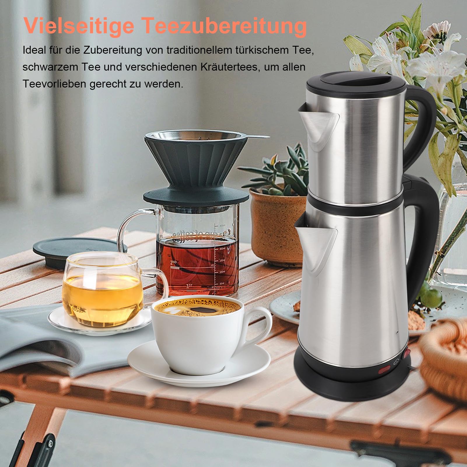 SENECESLI Elektrischer Türkischer Teehersteller, Edelstahl -Doppelkinder -Teekessel, Inklusive Infuser, Automatische Absperrung und Kochen Trockener Schutz, 1l Kessel + 2L Teekanne, 1800W (EU)