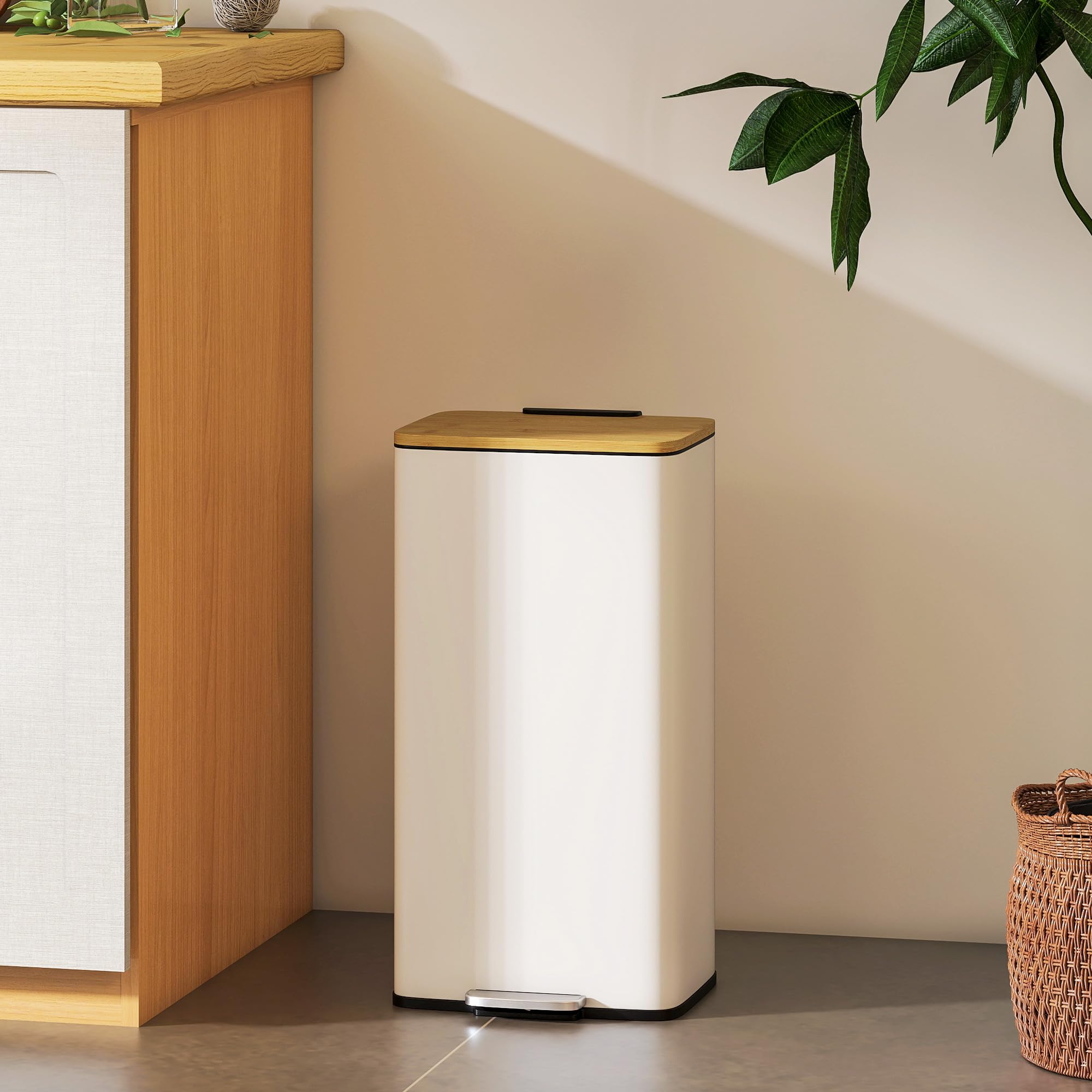 HOMCOM Cubo de Basura Cocina con Pedal, 20L, Tapa de Bambú de Cierre Suave, Papelera de Cocina con Cubo Interior Extraíble, Anti-Huellas, para Dormitorio, Salón, 29,5x29,5x56,8 cm, Blanco y Natural
