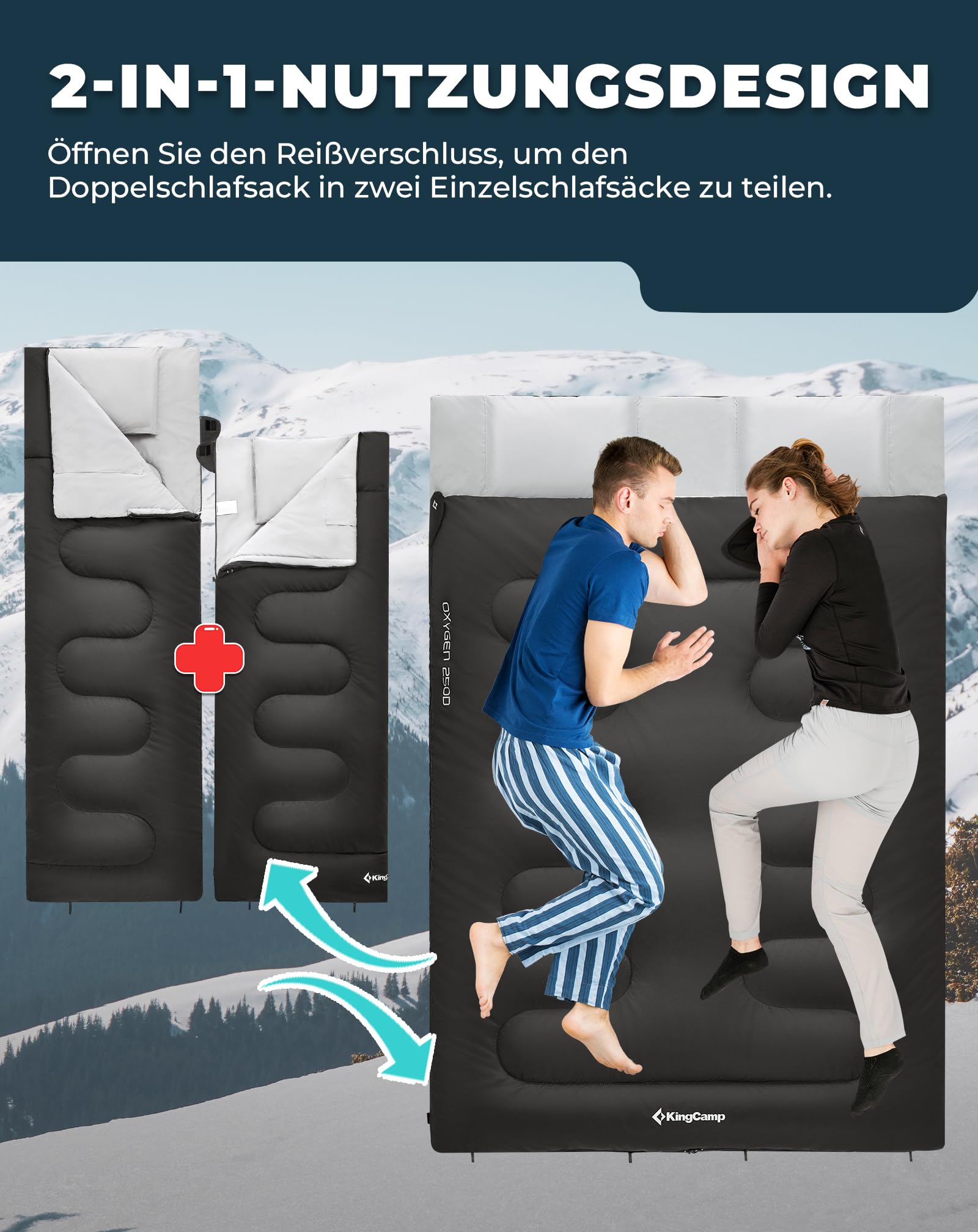 KingCamp Deckenschlafsack,Doppelschlafsack,220x150cm mit 2 Kissen,Schlafsack für 2 Personen,12℃ bis -3℃ für Familien, Camping und RV-Reisen