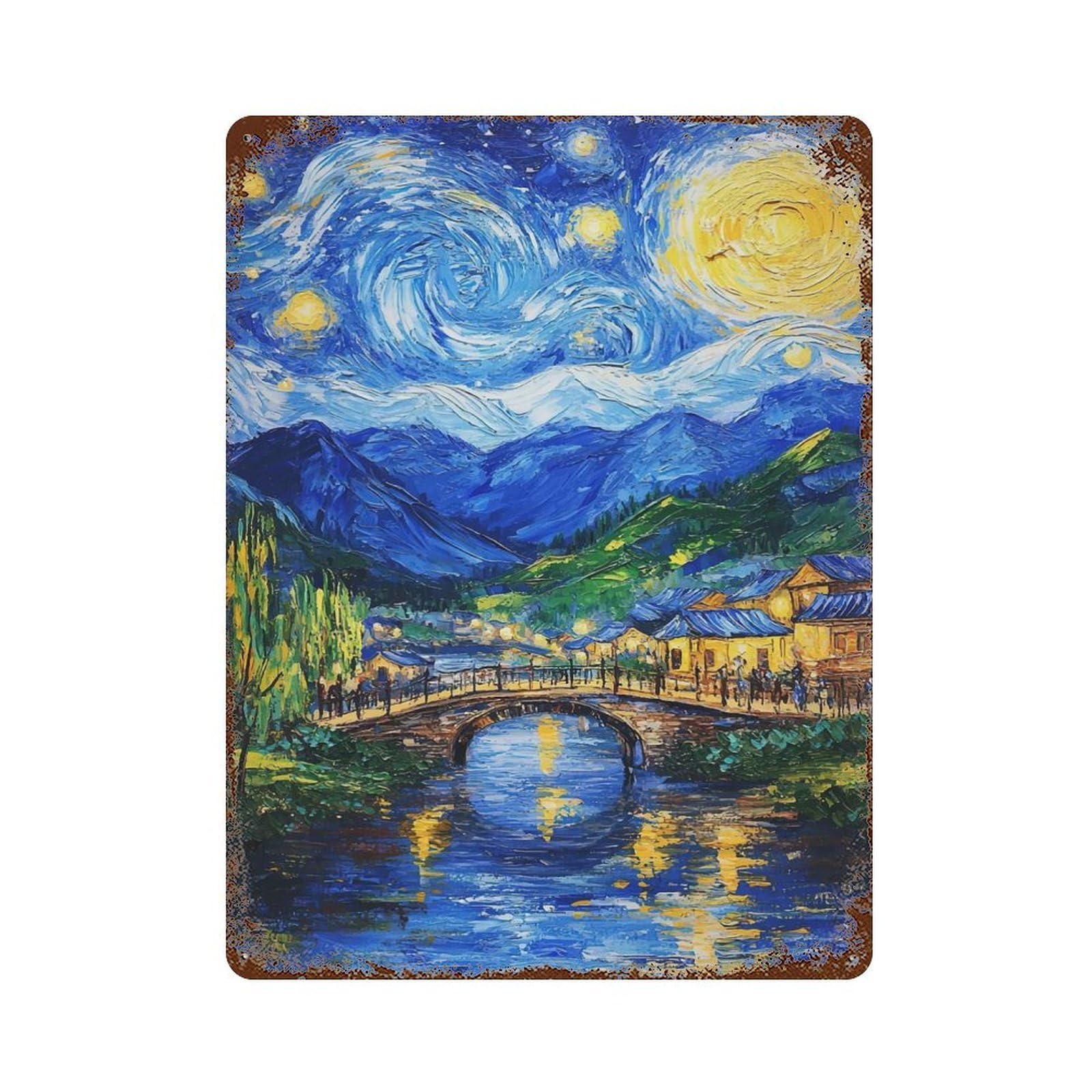 Starry Night Village Rusty Metal Tin Sign 15.7"x11.8", Industrial Home Decor for Garage, Pub Or Kitchen