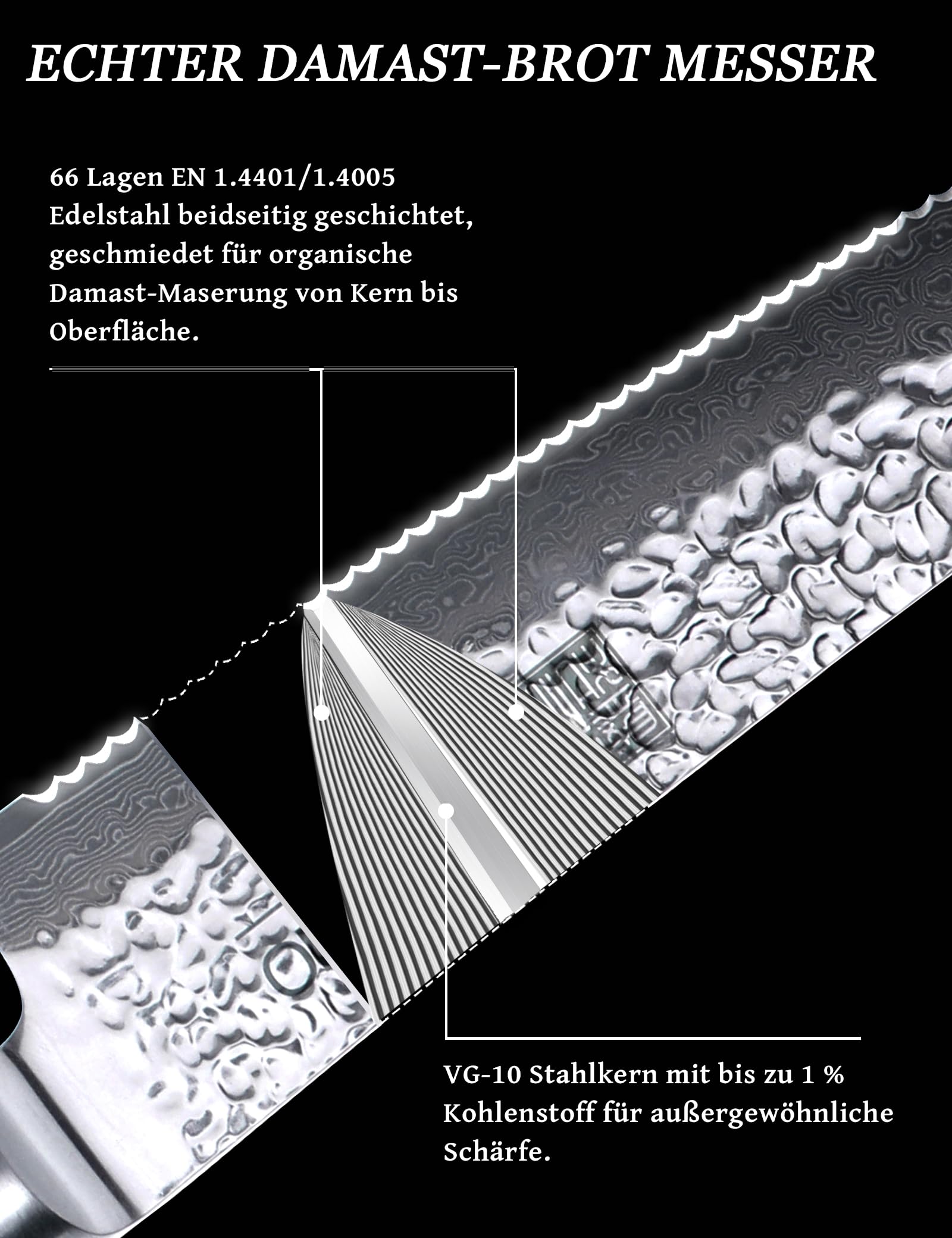 Nóż do chleba ząbkowany do pieczenia domowego - 20 cm rdzeń VG-10 ze stali damasceńskiej ultraostrej i trwałej, efektywne cięcie chrupiącego chleba na zakwasie