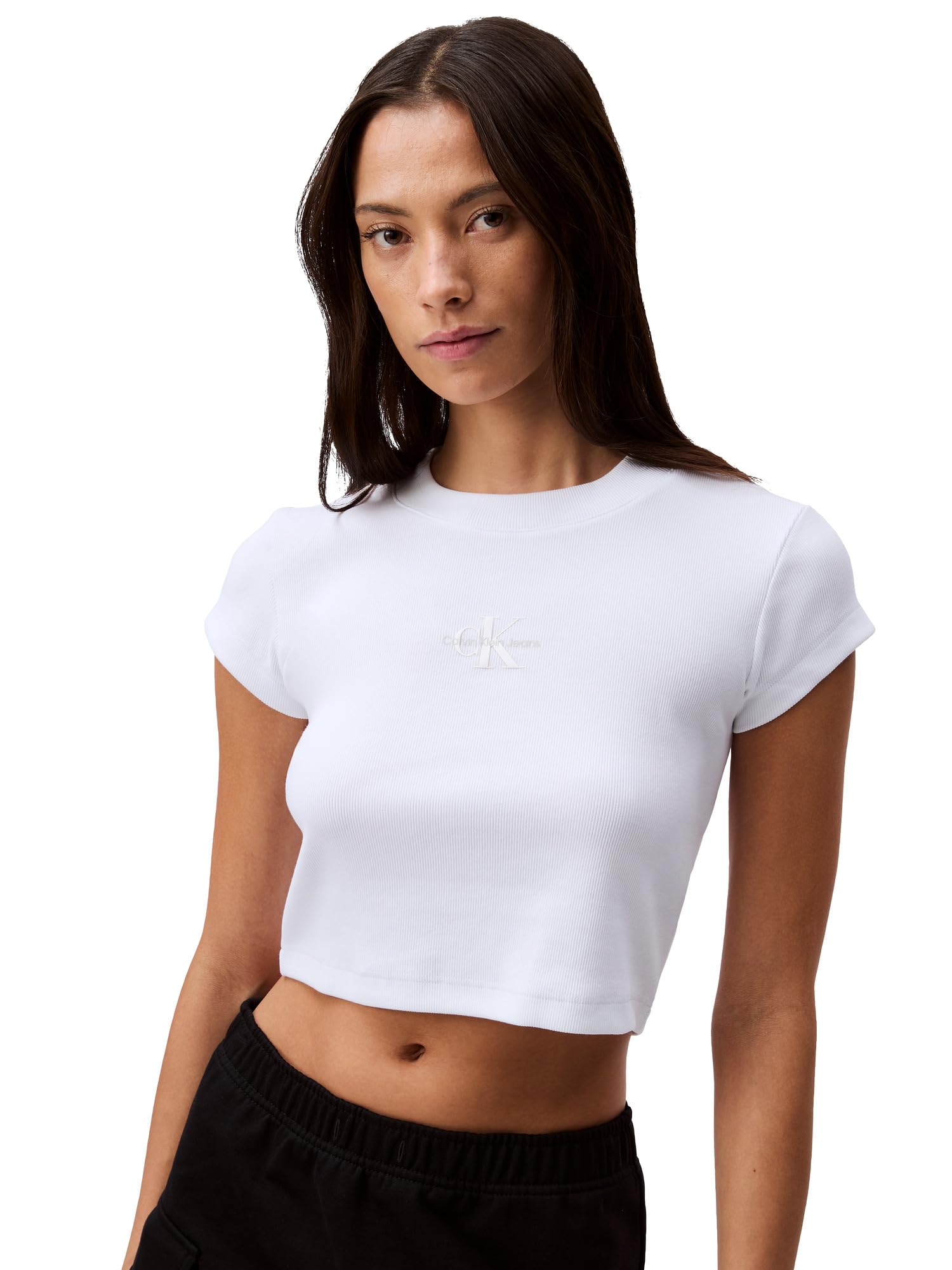 Calvin Klein Womens Monogram Logo Ribbed Baby Tee