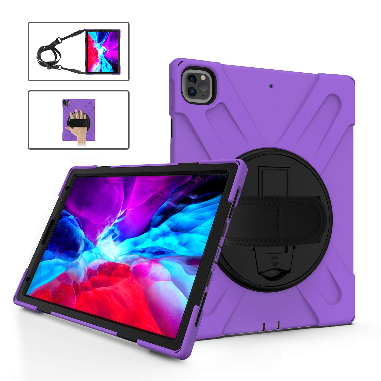 K LAKEY Rugged Case for iPad Pro 12.9 4th Generation 2020, 360 Degree Rotatable Kickstand 3 Layer Hybrid Heavy Duty Shockproof with Hand Strap Adjustable Shoulder Strap Protective Cover Purple