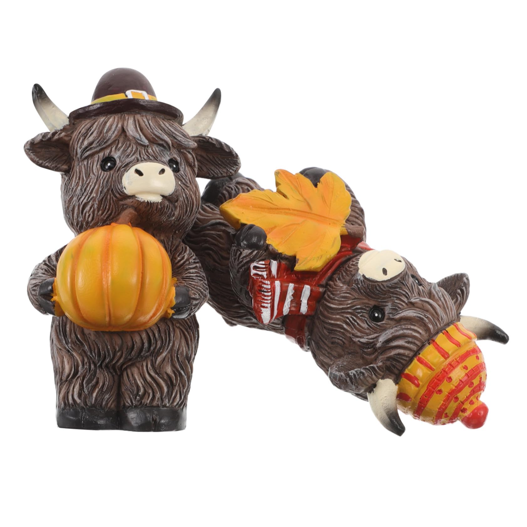 2 Stück Herbstdeko Hochlandrind Resin Figurine mit Kürbis Herbstliche Farmhaus Deko für Garten Büro Fensterbank für Halloween und Thanksgiving Kompakte Tierfigur für Tisch und