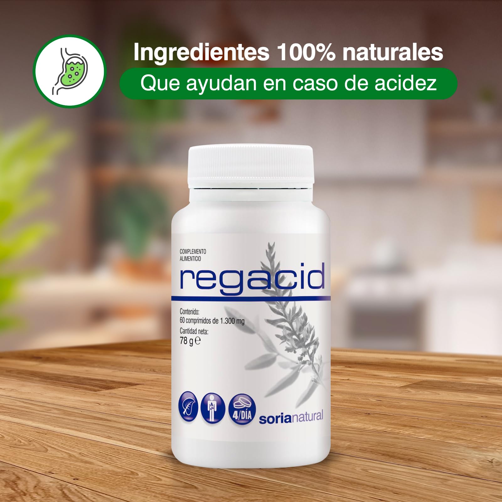 Soria Natural Regacid – Ayuda al Alivio de Acidez – Favorece las membranas de las mucosas en el estómago - Con Extracto Seco de Regaliz Deglicirrinado, Calcio, Potasio, Magnesio - 60 Comp. de 1300mg