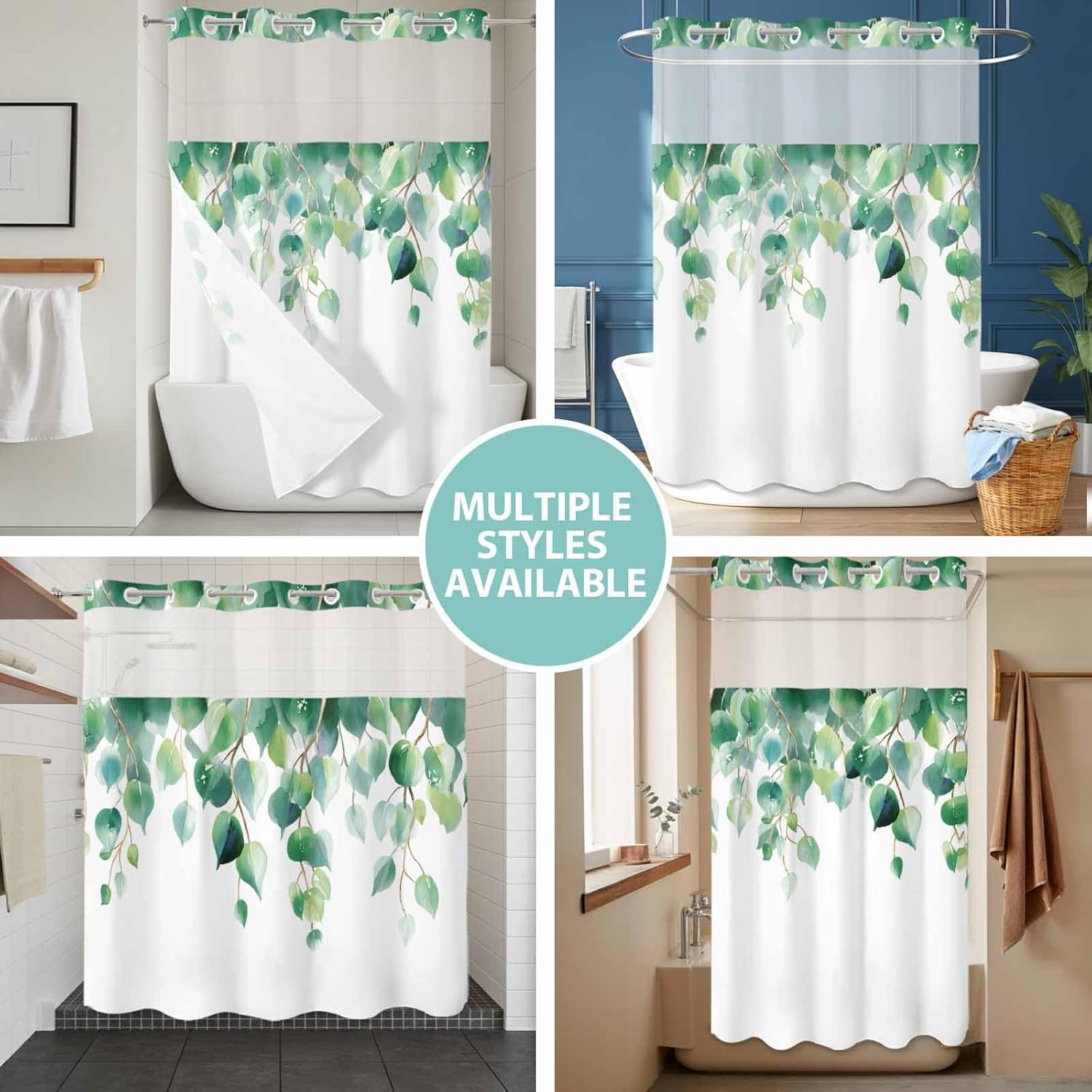 No Hook Shower Curtain with Snap in Liner, Farm Green Eucalyptus Leaves on White Waterproof Bath Curtain Double Layers with See Through Top Window, Summer Botanical Hotel Shower Curtains 72x72IN
