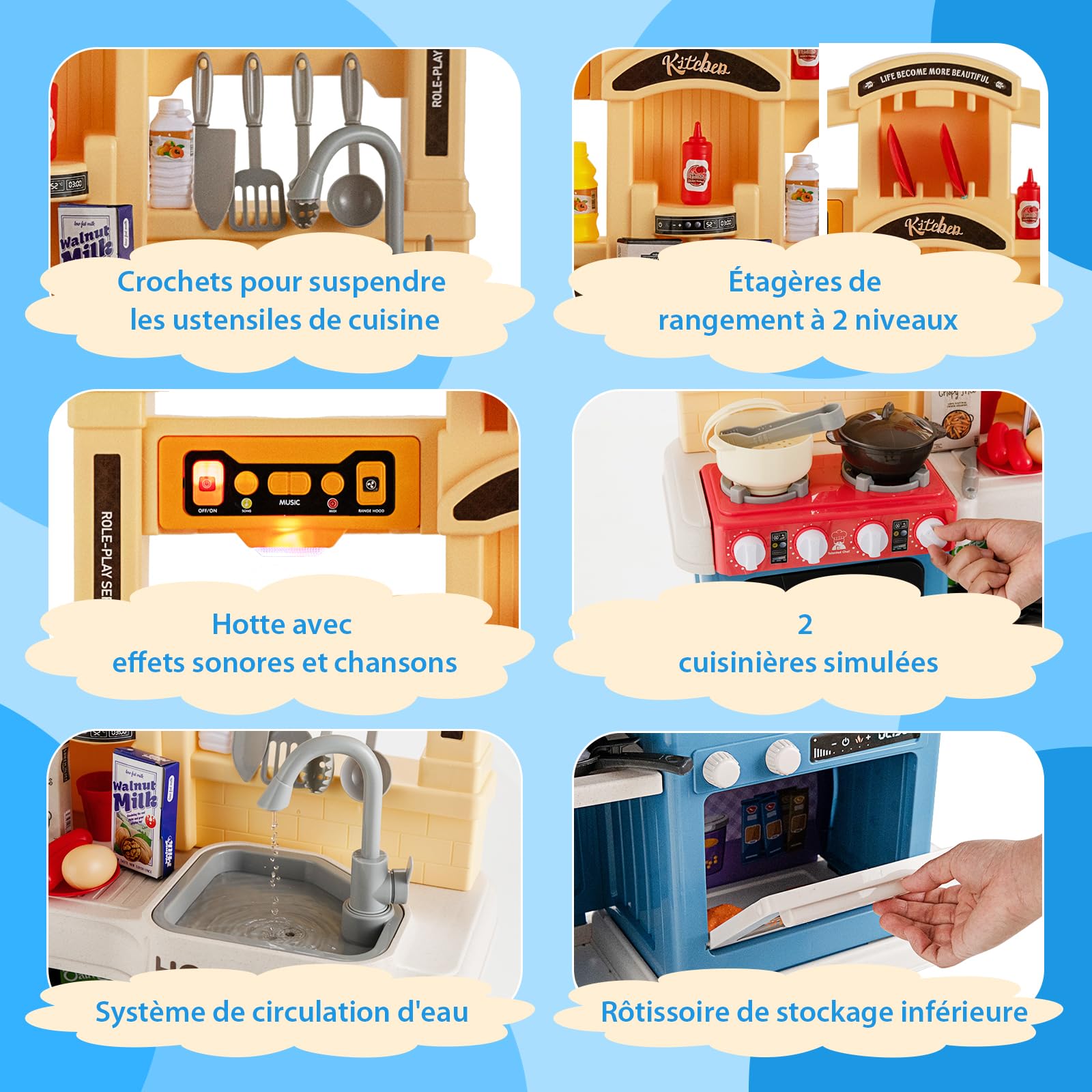 COSTWAY 42 Pcs Cuisine Enfants avec Effets de Vapeur & d'Ebullition, Jeux de Cuisine Enfants avec Lumières et Sons Réalistes, Jouet d’Imitation pour Enfants de 3 Ans+, 64,5 x 24 x 83 cm (Bleu.)