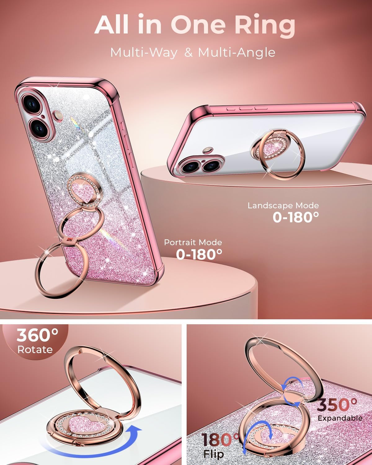 XYZ for iPhone 17 Case with Stand, Phone Case with Double Ring Kickstand, Women Girls Bling Luxury Glitter Clear Phone Case Cover Heart for Apple 17, Rose Gold - Image 3