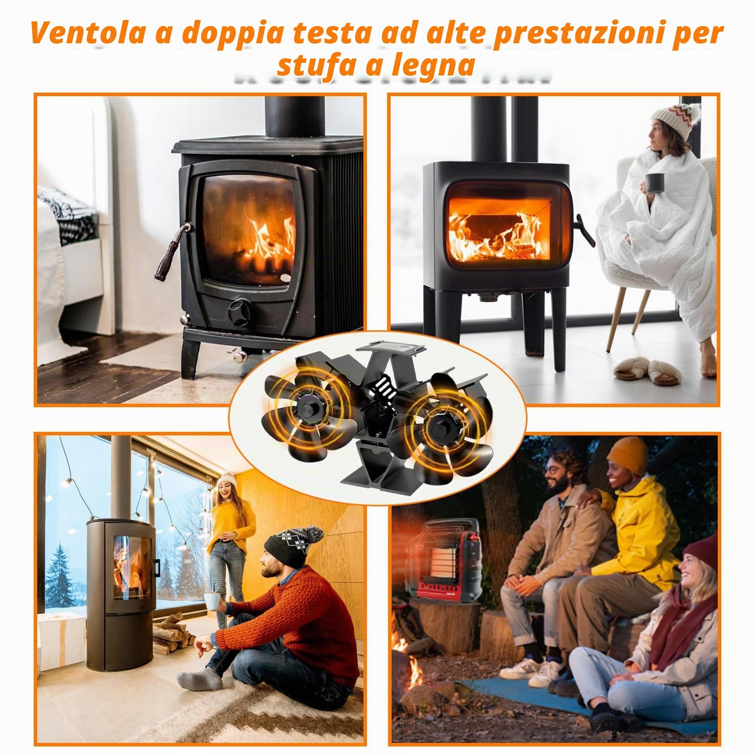Ventilatore per Stufa a Legna, Ventola da Caminod con 12 Pale, Doppia Testa Ventilatore stufa Silenzioso, Alimentato Calore, Efficiente ventilatore per stufa per Camino/Pellet/Gas