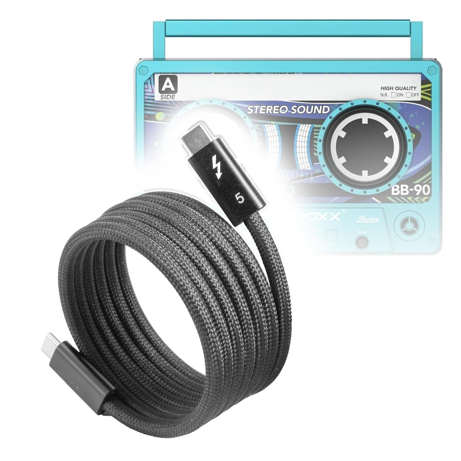 BoxWave Cable Compatible with Bumpboxx Remixx - SnapWrap Thunderbolt 5.0 Cable (5ft 240W), Magnetic Self-Coiling Nylon Braided Retractable - Jet Black