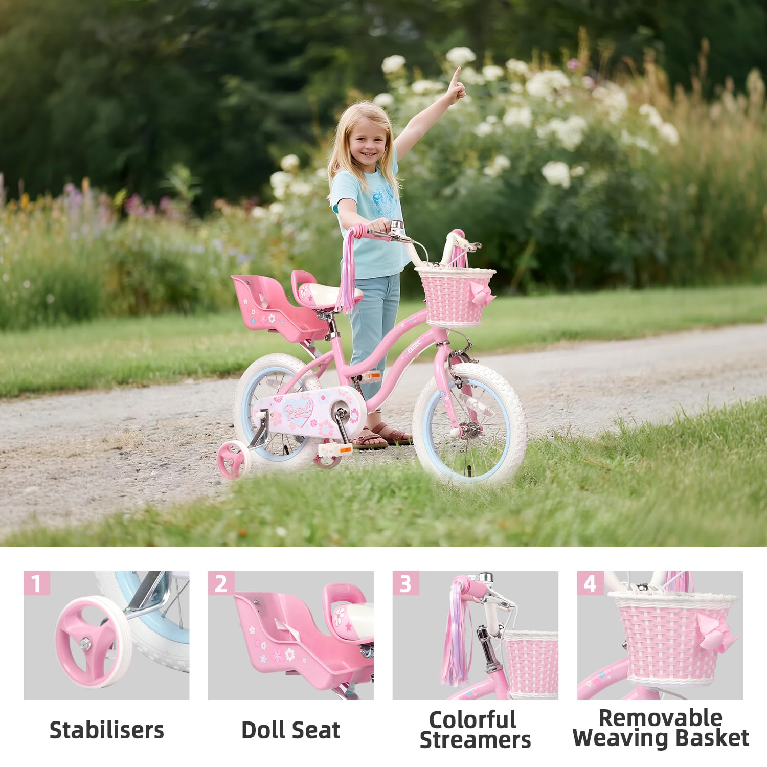 Bicicletta per Bambini 12 Pollici, Stile Principessa con Cestino e Rotelle di Supporto, Rosa