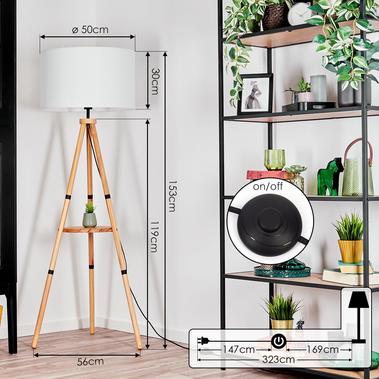 HOFSTEIN Flemming lampa stojąca z drewna/metalu w nowoczesnym stylu boho, abażur z materiału, Ø 50 cm, 153 cm, E27, z włącznikiem nożnym i półką – salon, sypialnia, jadalnia, korytarz