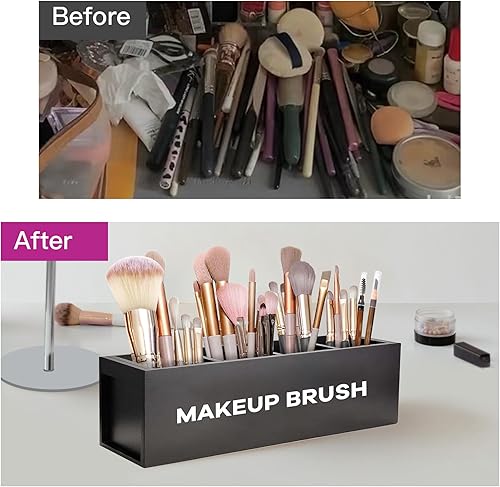 Miniatura 3 de Suli Organizador grande para brochas de maquillaje, almacenamiento de brochas de cosméticos de madera con 4 ranuras, vitrina de delineadores para