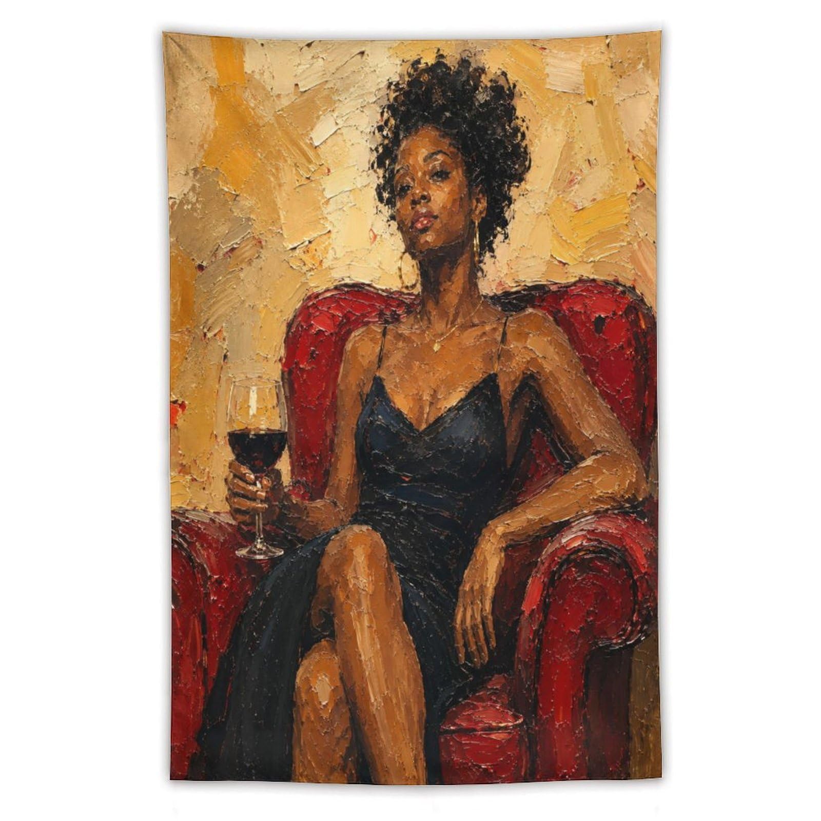 W7C8U2X3 Black Woman with Wine Wall Tapestry, Oil Painting, Portrait Art