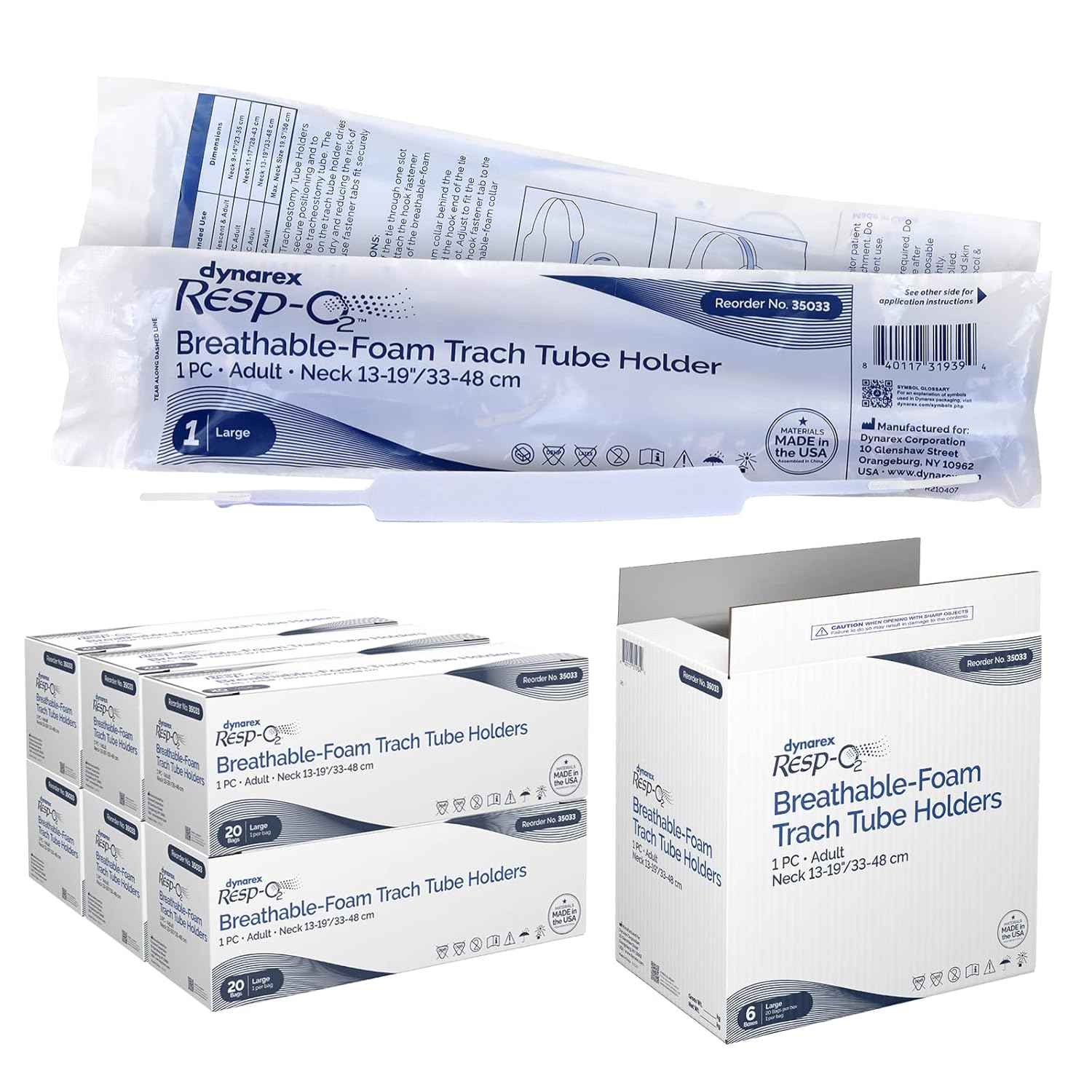 Dynarex Breathable Foam Trach Tube Holder - Adjustable Tracheostomy Tube Holder with Soft Outer Ties, Hook-and-Loop Closure - 1 Piece - Large, Case of 120