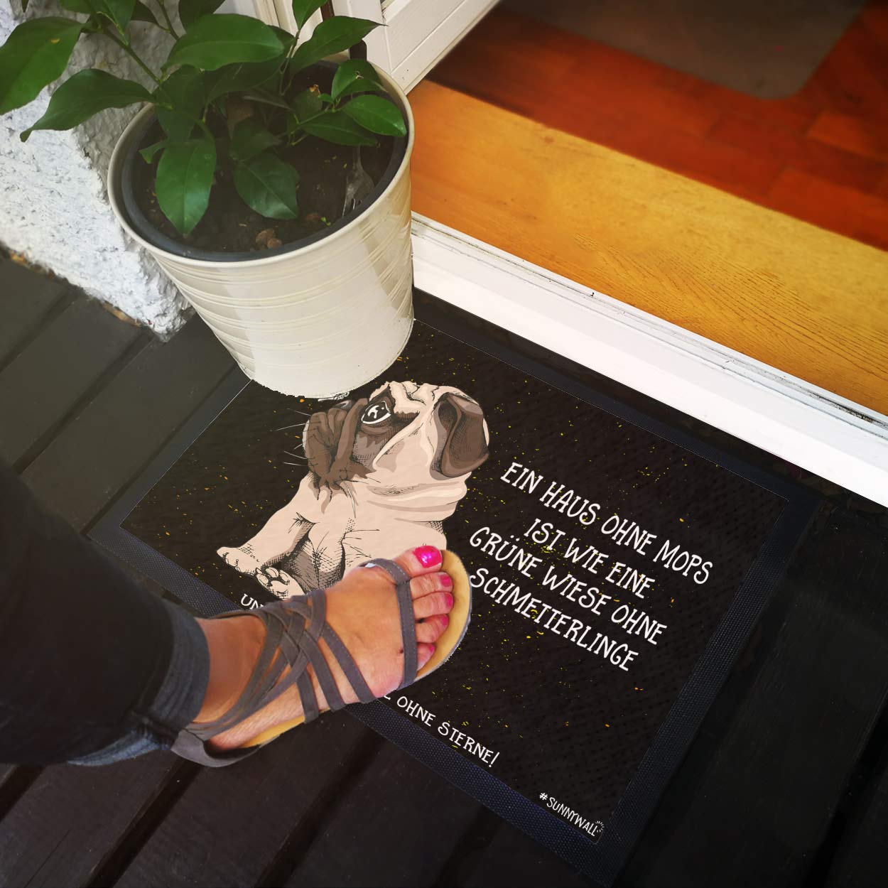Sunnywall Hundematte Mit Mops-Motiv – Personalisierbar, Rutschfest, 75x50 Cm – Perfekt Für Haustierliebhaber