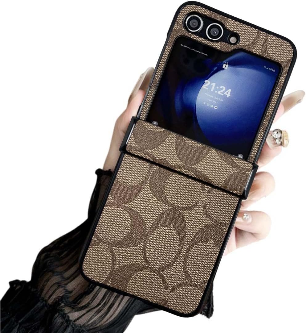 for Galaxy Z Flip 4 Case with Hinge Protection, Luxury Designer PU Leather Anti-Fingerprint Shockproof Protective Cover Phone Case for Galaxy Z Flip 4 Khaki