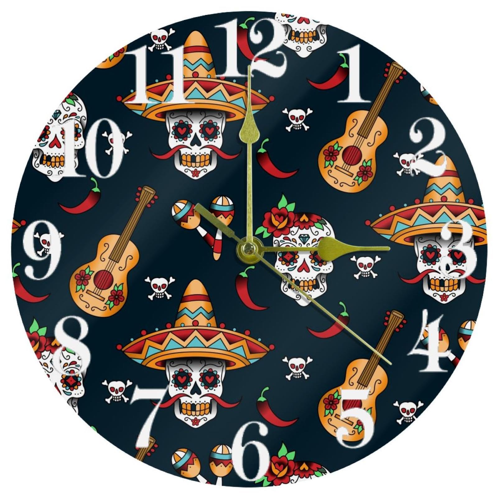 Horloge murale Dia de Los Muertos ronde et silencieuse à quartz de 30 cm