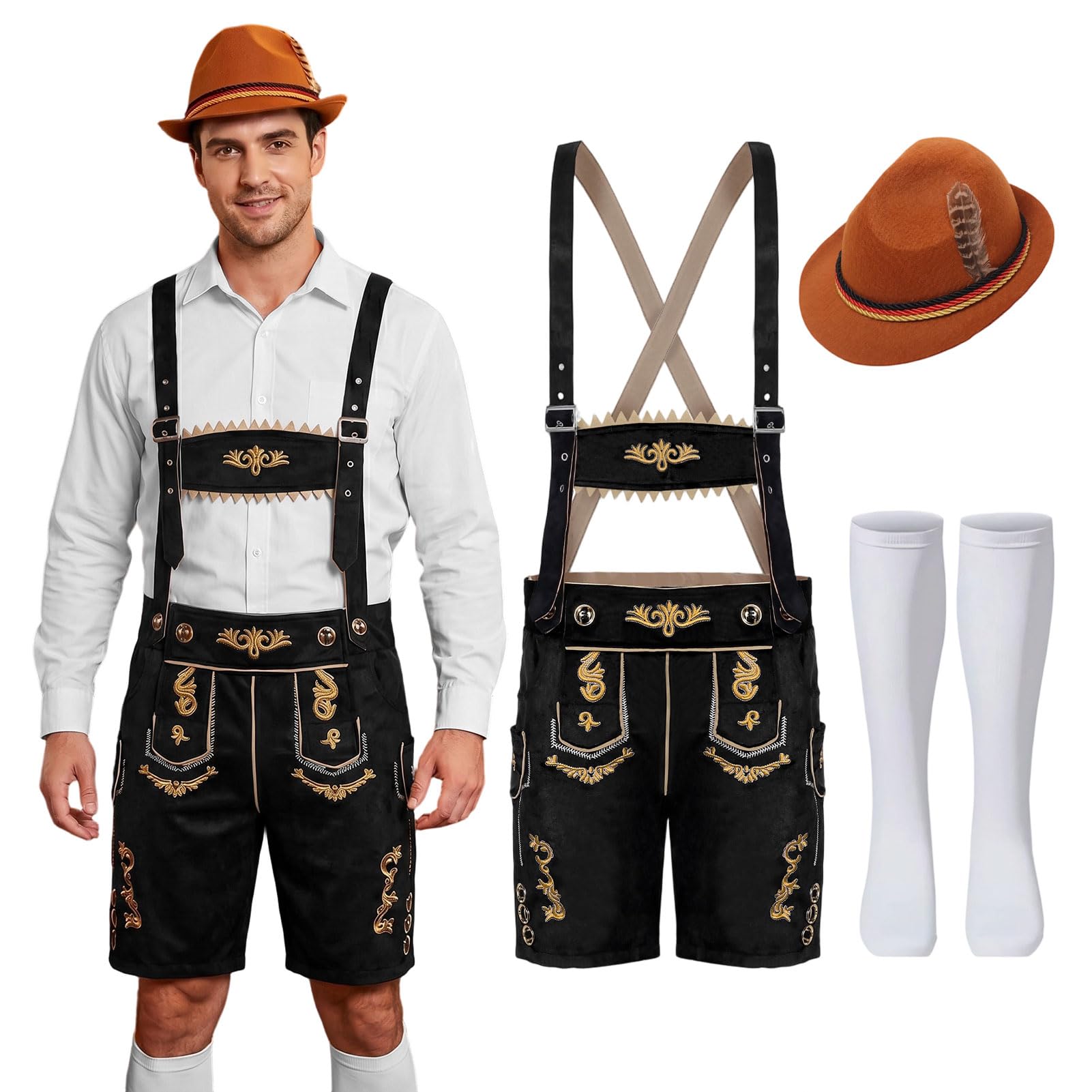 Essestim Oktoberfest Men's Costume, Traditional Bavarian Oktoberfest Lederhosen Costume Set with Suspenders Shorts Hat Stocking for Beer Festival Traditional Fancy Dress (Black, M)