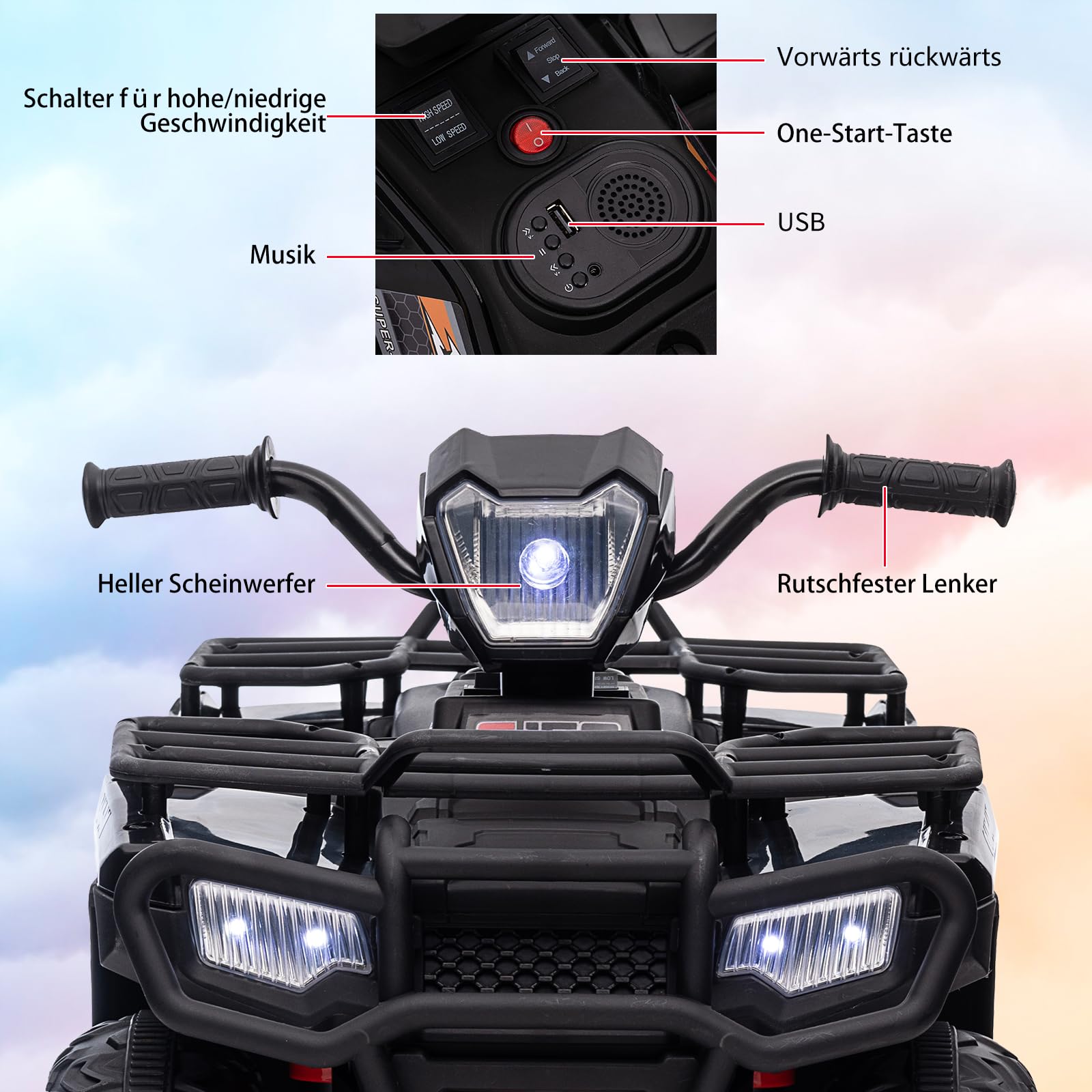 Quad électrique Enfant 12V Double Moteur LED Musique USB 3-8 Ans