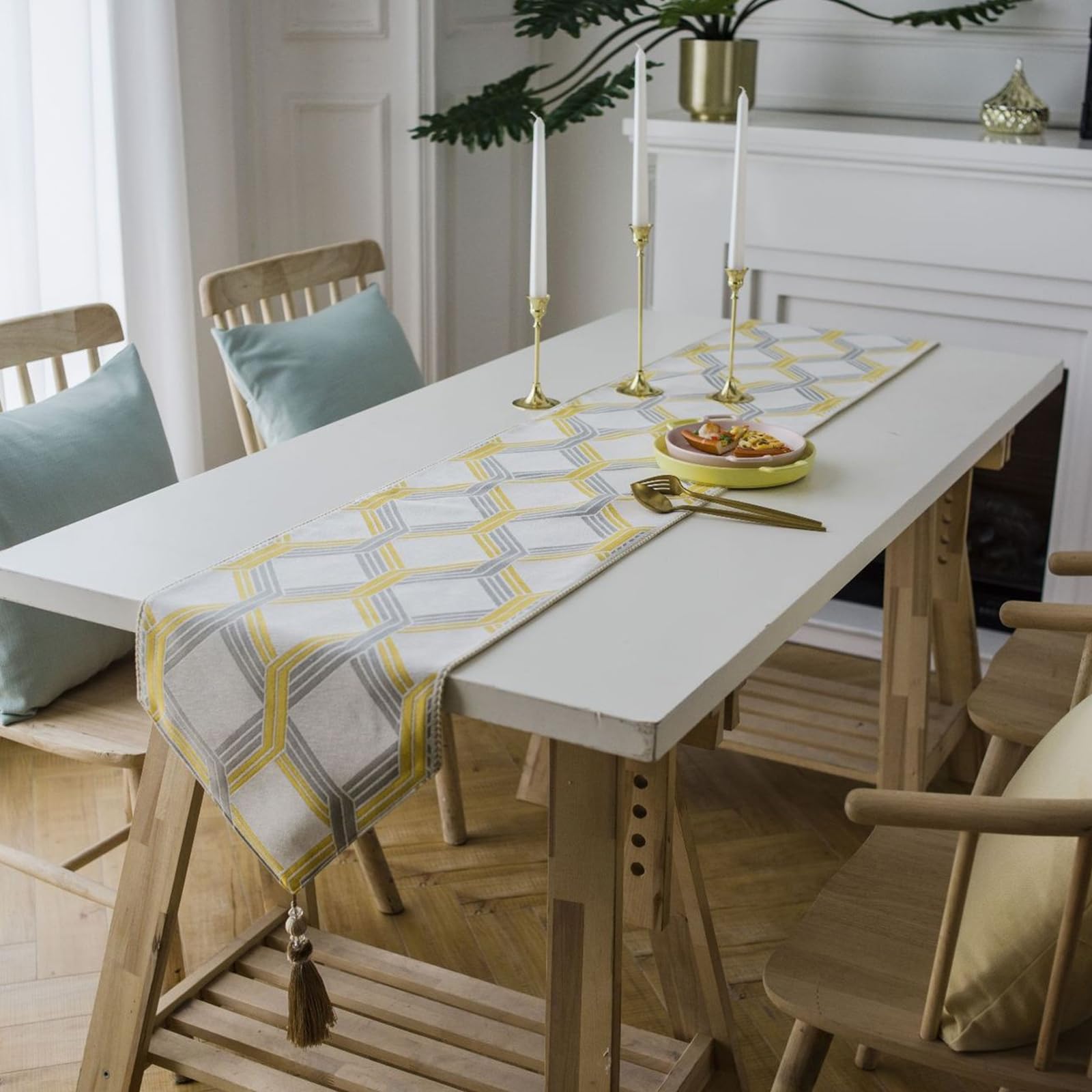 Tischläufer Polyester Landhausstil, Tischläufer Wohnzimmer 35x180 cm, Gestreifter Jacquard mit Quasten