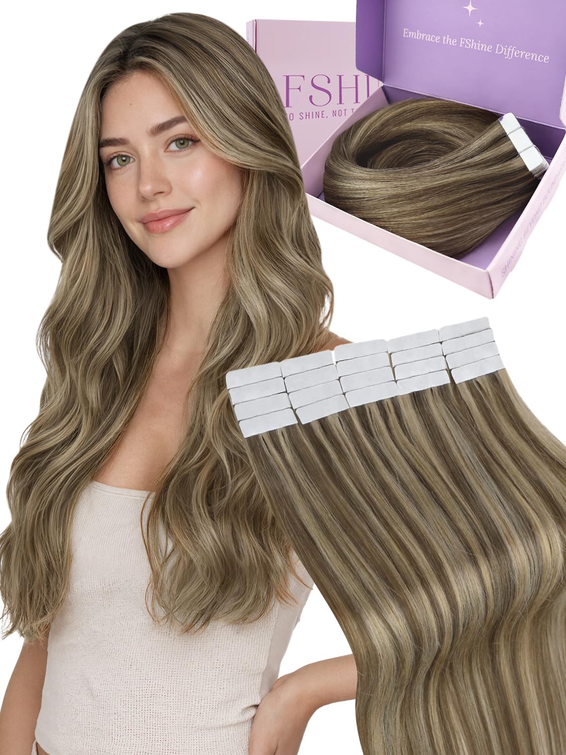 Fshine Extensiones Adhesivas Pelo Natural 20 Pulgadas 50g Cabello Humano Marrón Claro Balayage Rubio Y Marrón Claro Cinta 20Pcs Liso Color 6 60 6 — view 19
