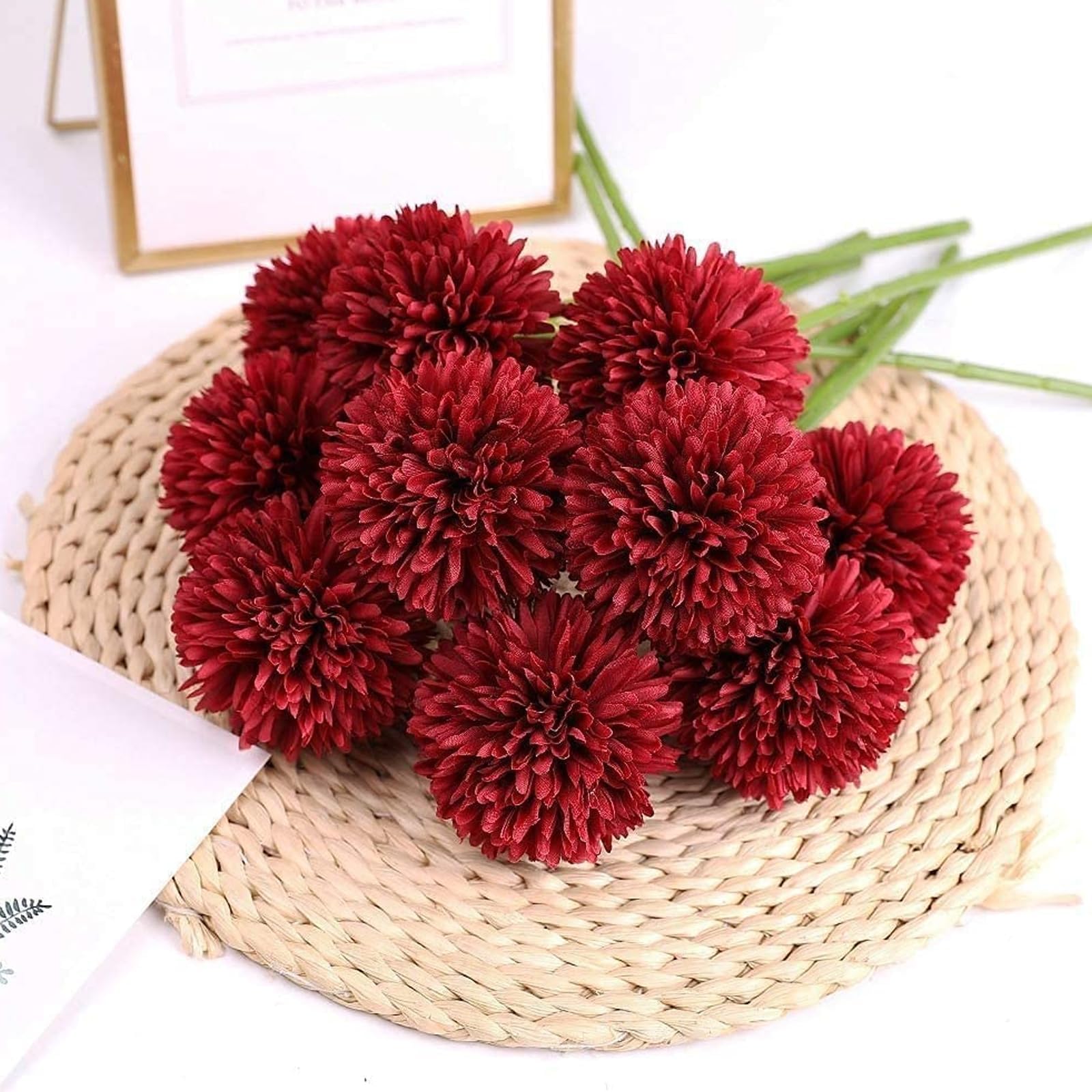 TIED RIBBONS Pack of 6 Artificial Chrysanthemum Ball Flowers Stick Bunch (Dark Red, 29 Cm) for Vase Pot Home Decor Living Room Bedroom Office Table Decoration Items (Pot Not Included) - Polyester