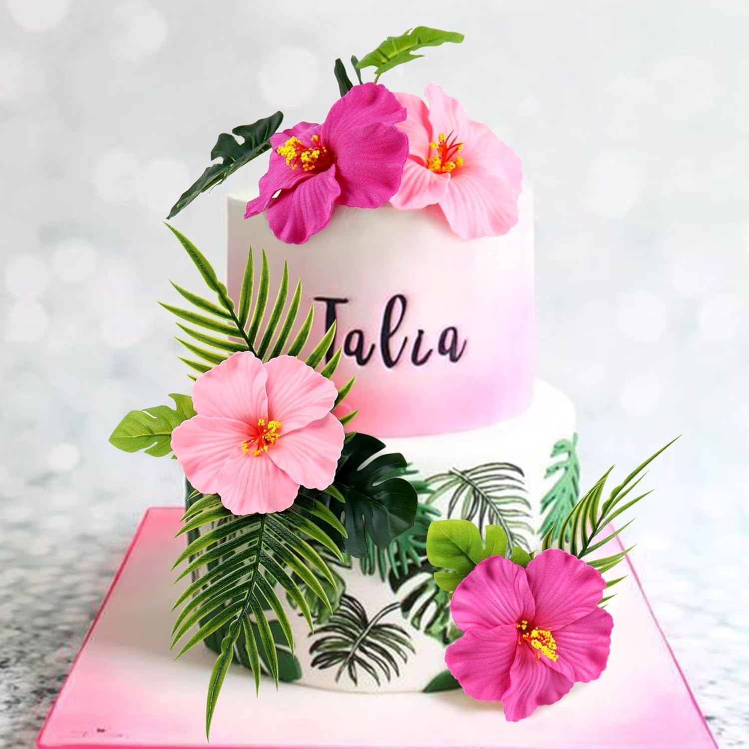 Blumomon 10PCS Artificial Hibiscus Flower Cake Toppers Hawaii Pink Hibiscus Cake Decors for Hawaii Theme Birthday Bridal Engagement Wedding Floral Cake Picks Summer Holiday Party Decoration
