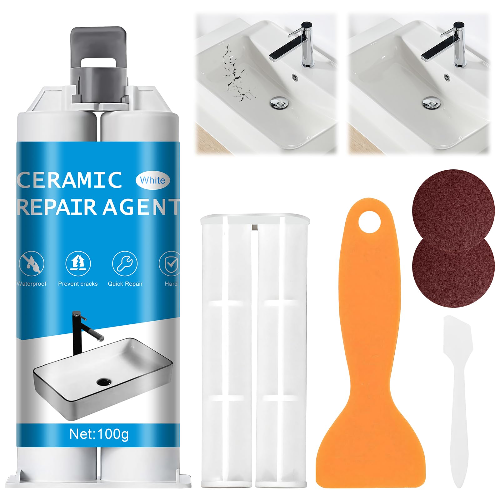 Pasta Riparazione Piastrelle Bianca 100g, Ripara Crepe, Graffi e Fori, Adesivo per Piastrelle e Ceramica, Ideale per Piatto Doccia e Superfici Ceramiche