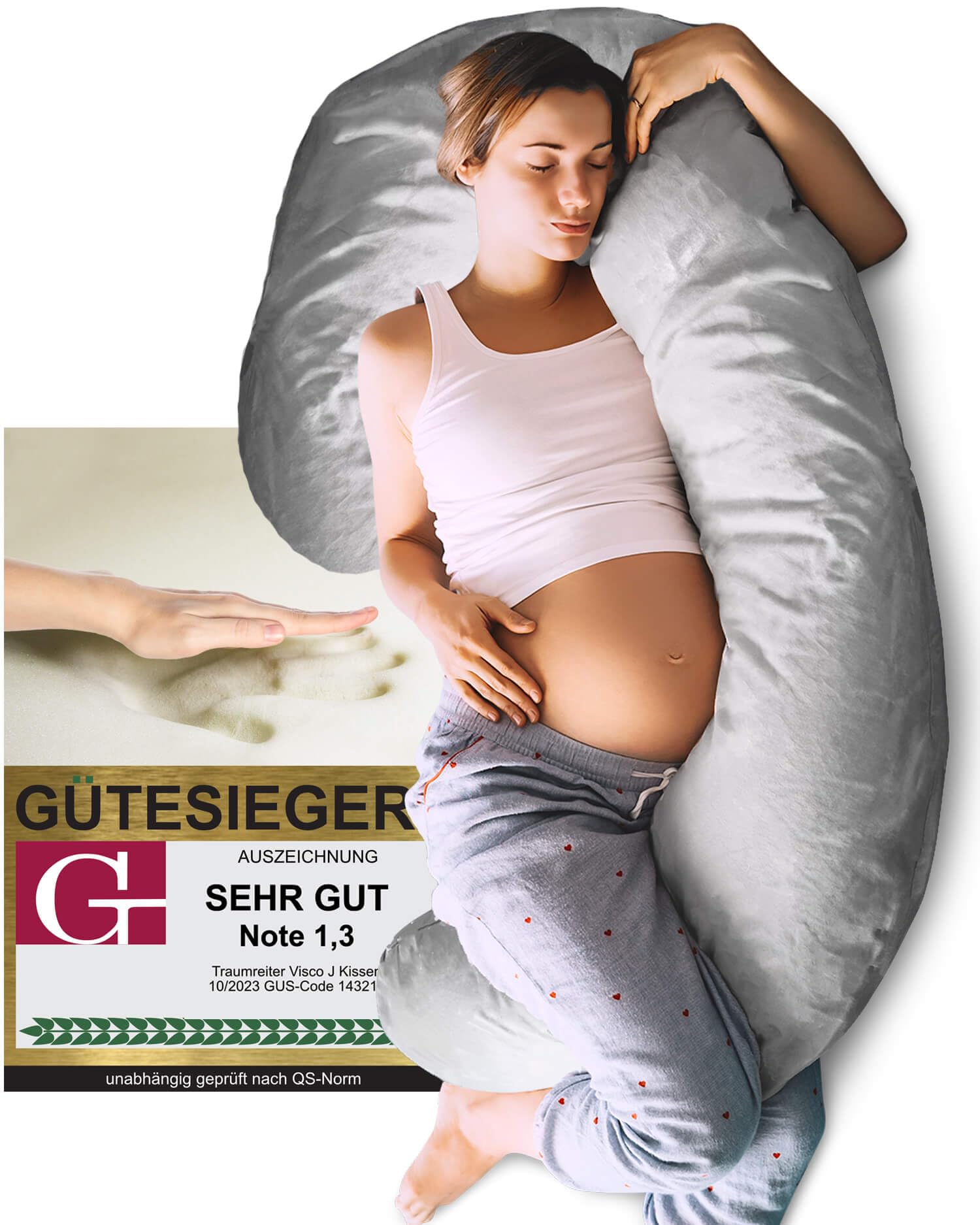 Traumreiter Memory Foam Schwangerschaftskissen Hybrid mit Bezug Silber, Seitenschläferkissen 125 cm lang, Stillkissen XXL Kissen zum Schlafen, Body Pillow