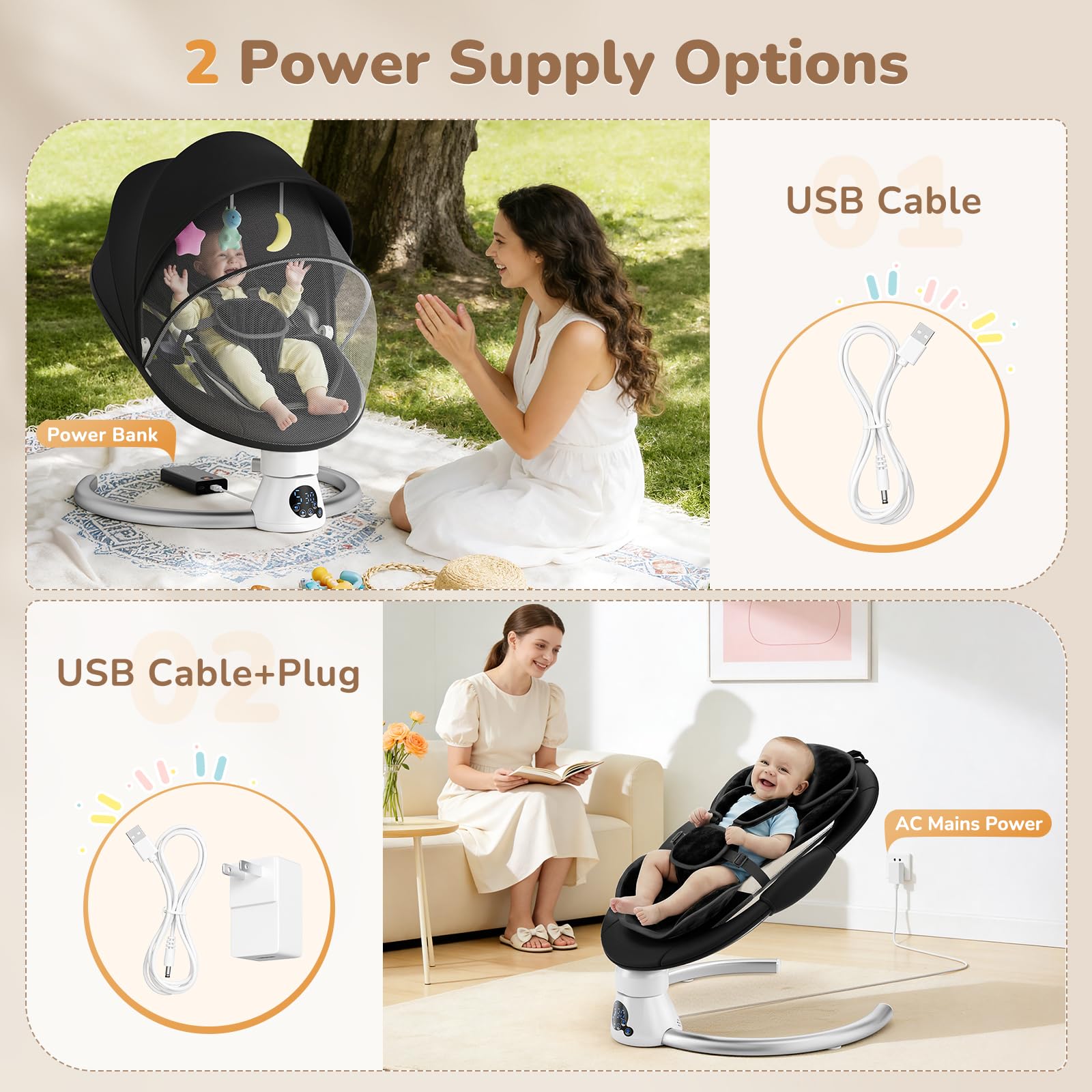Hamaca Eléctrica para Bebé con Mando a Distancia y App,Mecedora con 5 Velocidades de Balanceo,3 Temporizadores,Arnés de 5 Puntos,2 Posiciones del Asiento,Silla Mecedora para 0-9 kg de Bebé-Negro